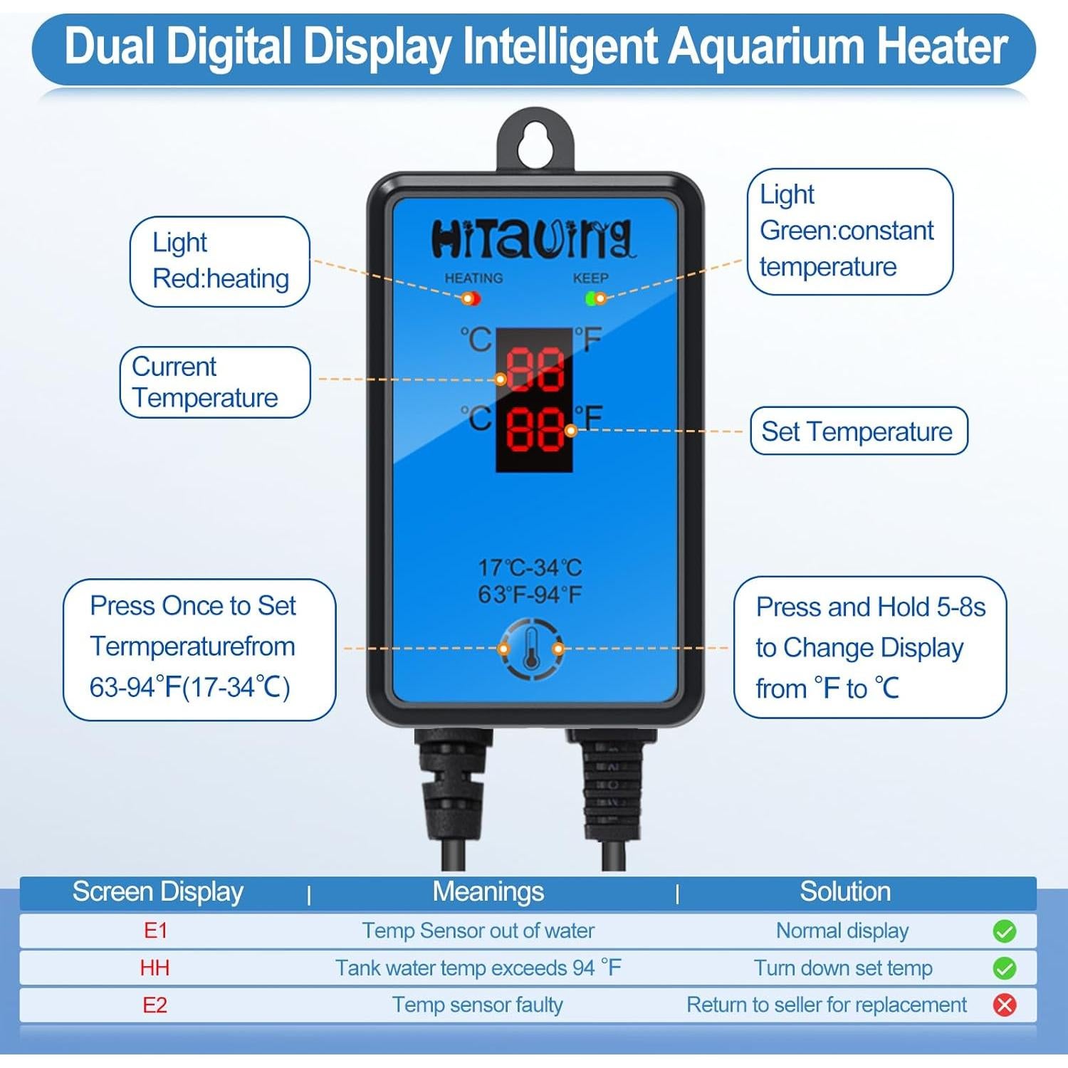 Calentador de Acuario HiTauing 300W para 151-284 Litros