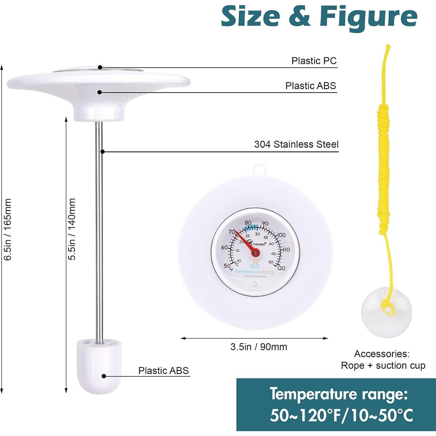 Termómetro de piscina flotante SPOROLWE 1.68" fácil lectura