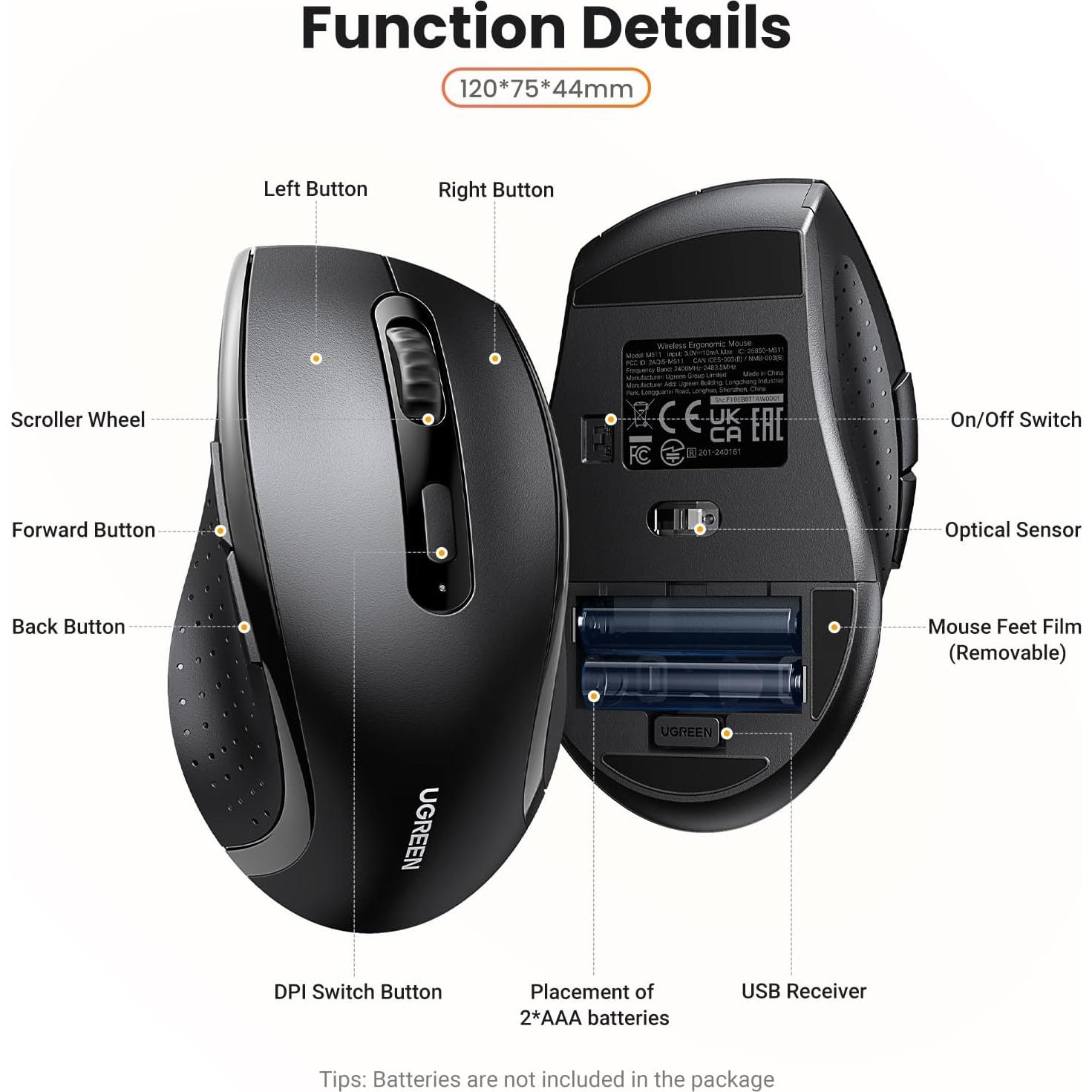 Ratón Inalámbrico Ergonómico UGREEN 2.4GHz 1600 DPI USB