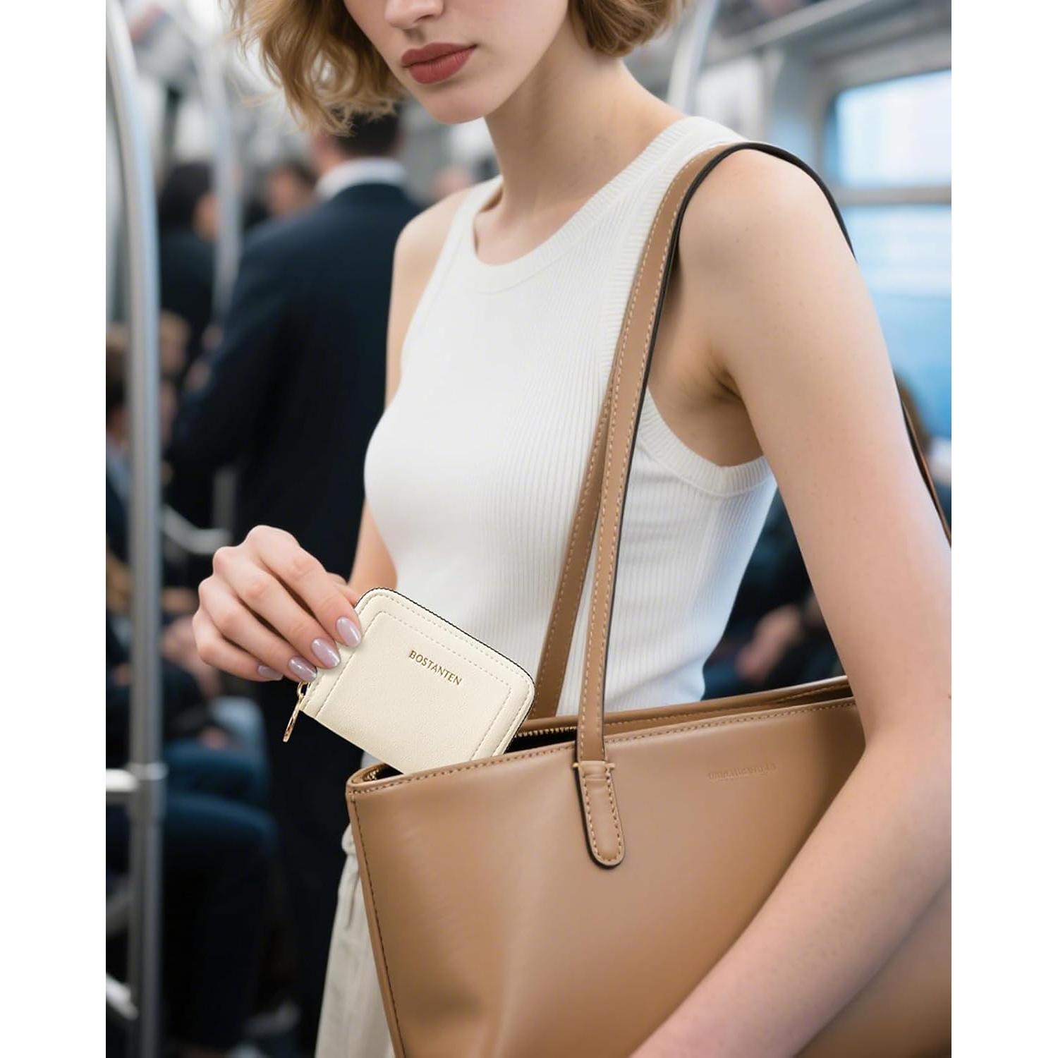 Cartera de Tarjetas RFID BOSTANTEN de Cuero Beige para Mujer