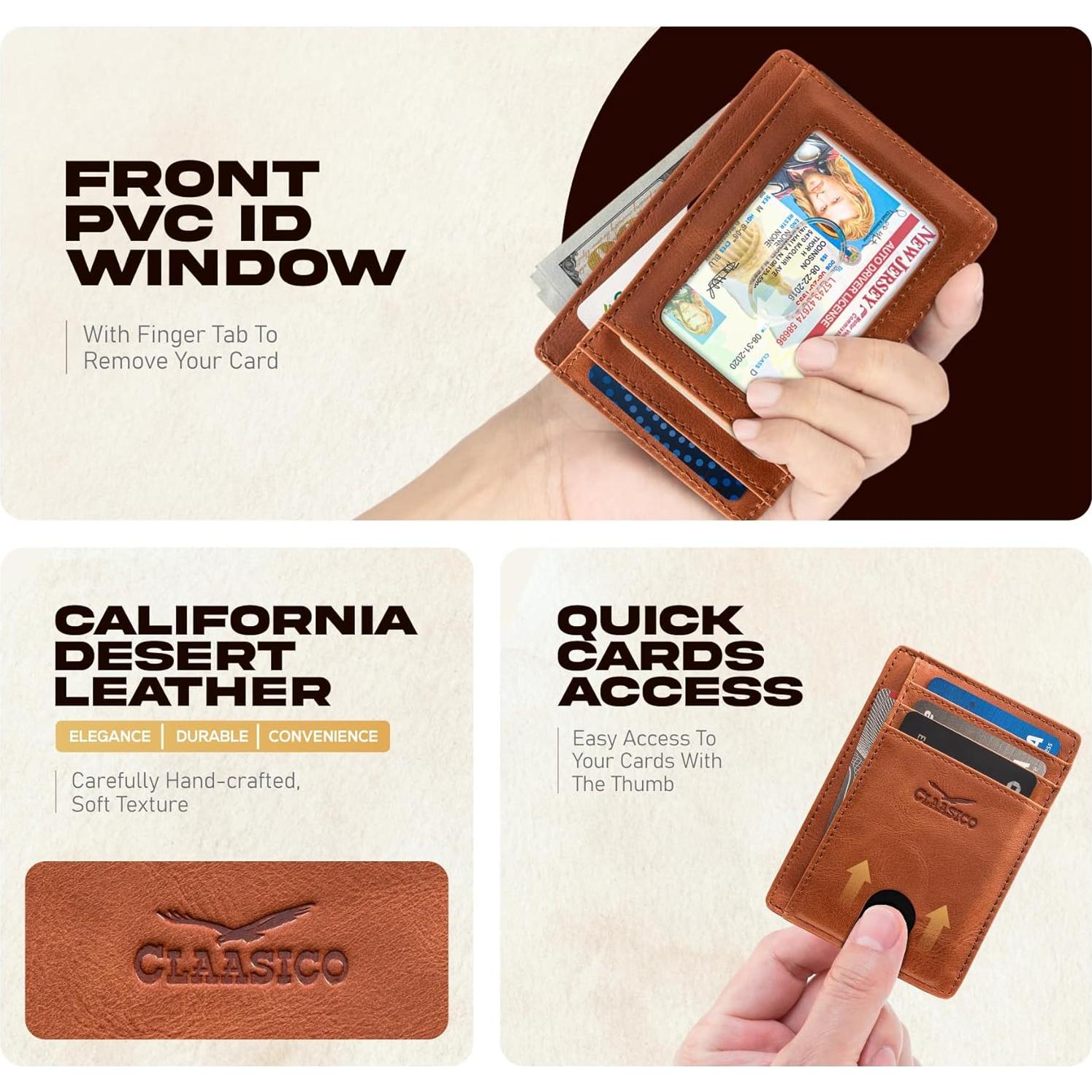 Billetera delgada de cuero genuino para hombres con bloqueo RFID