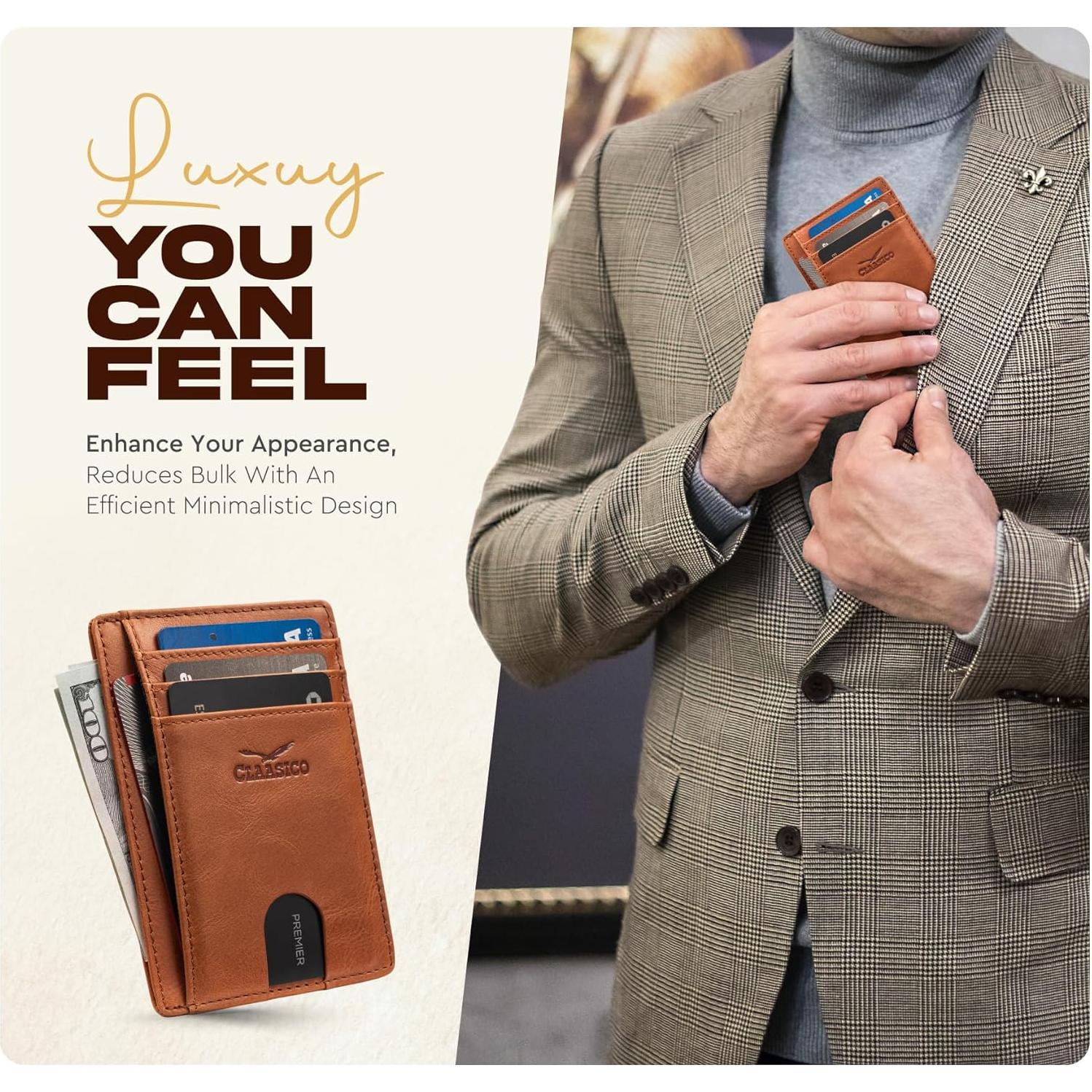 Billetera delgada de cuero genuino para hombres con bloqueo RFID