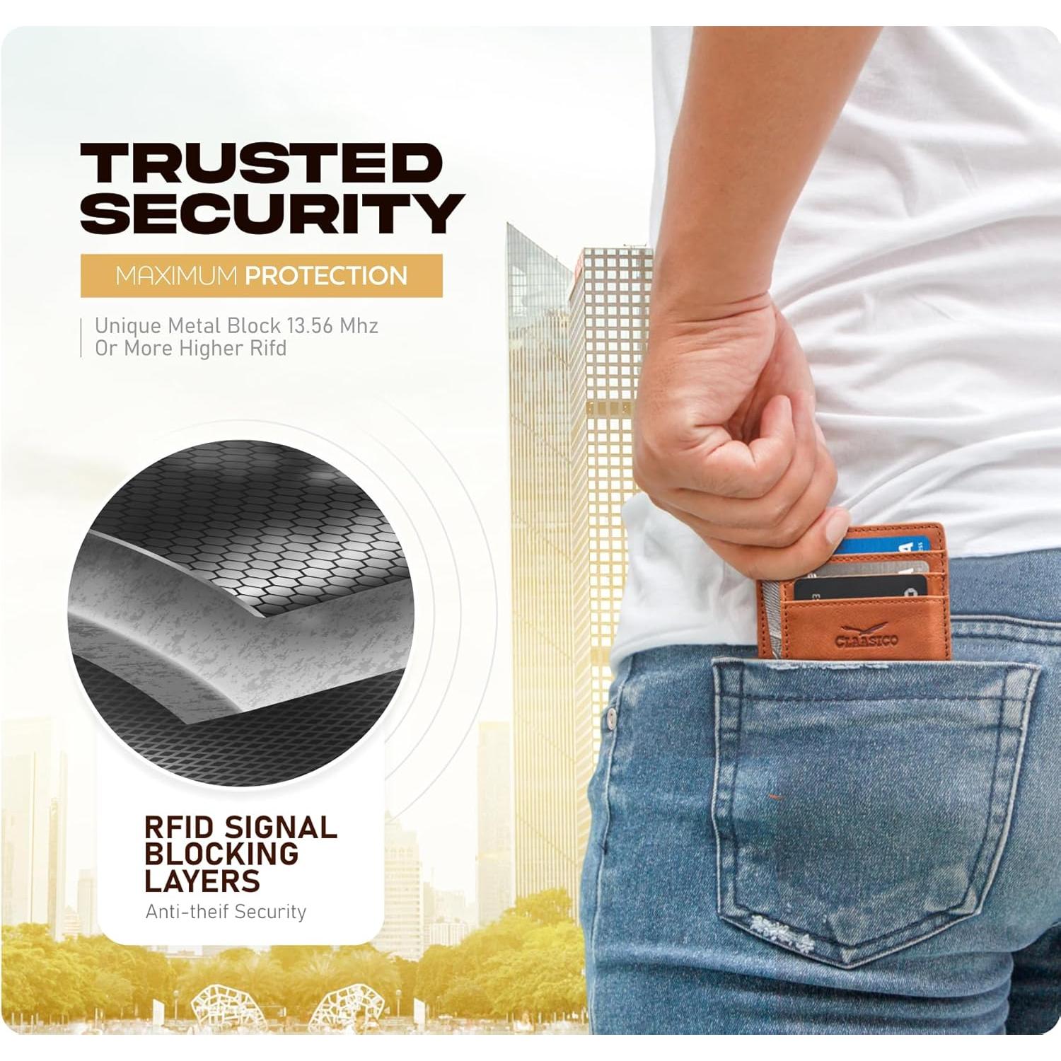 Billetera delgada de cuero genuino para hombres con bloqueo RFID