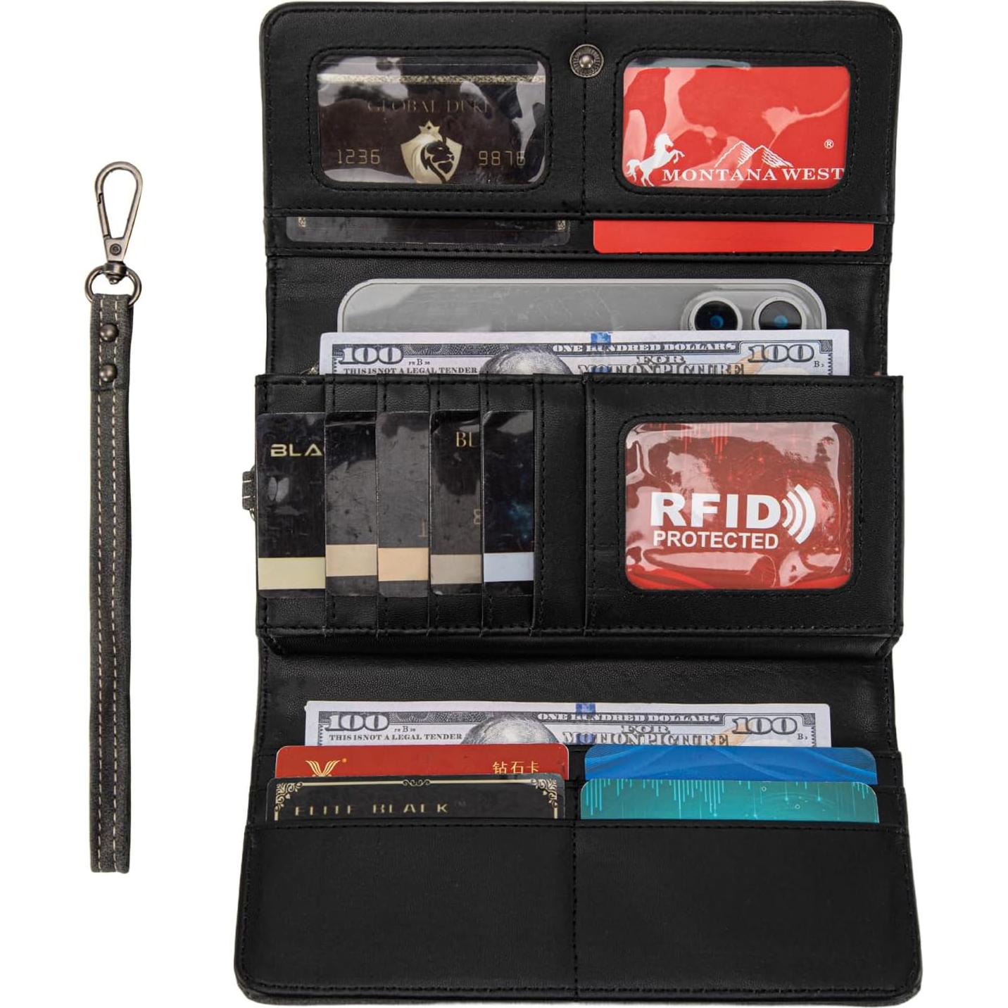 Cartera Trifold Montana West para Mujeres - Negro - RFID
