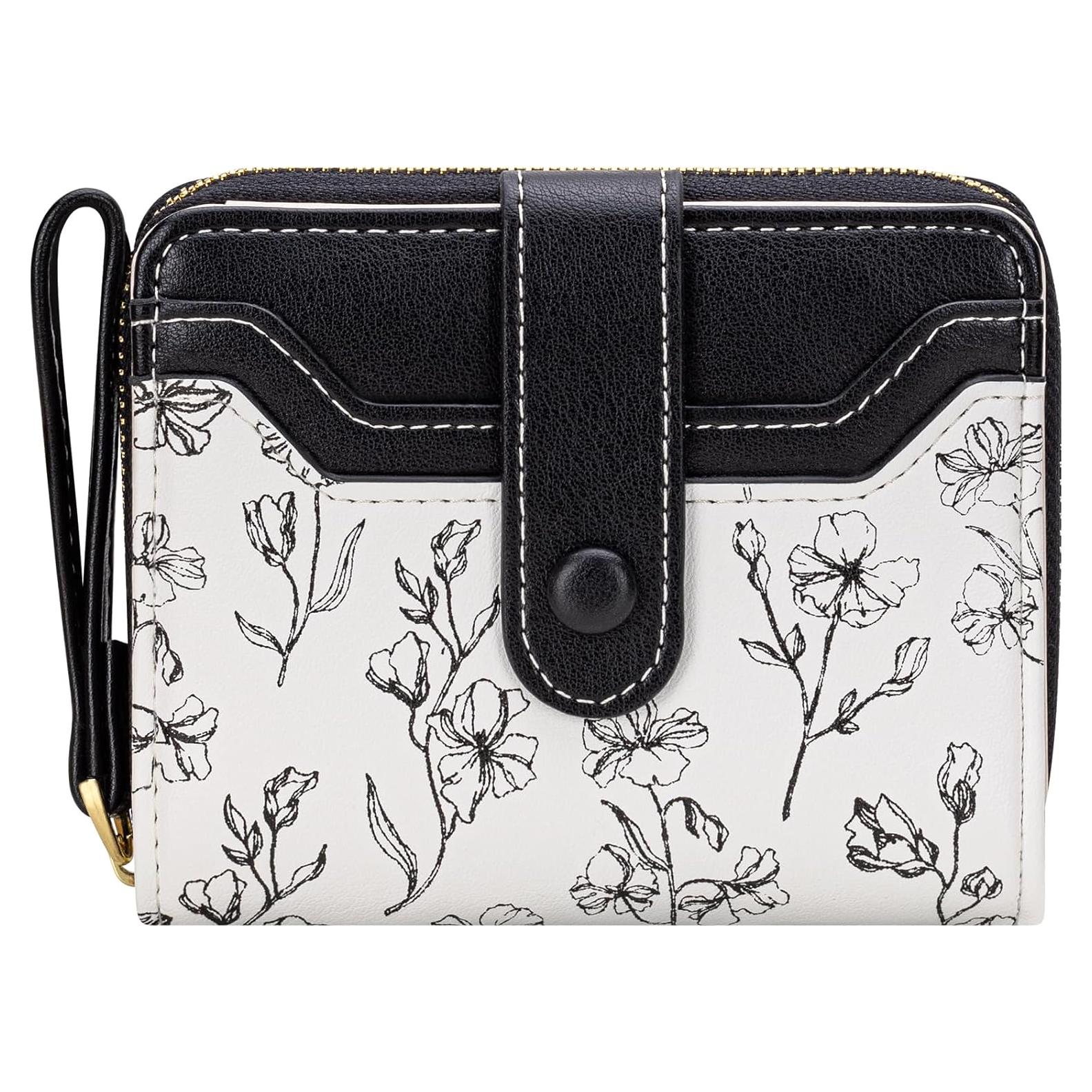 Cartera BIAOTIE para Mujeres Floral Compacta RFID Negra