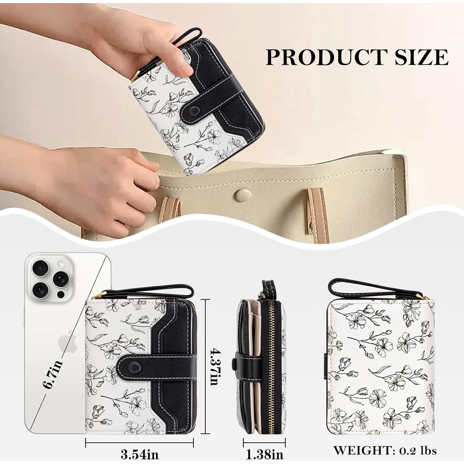 Cartera BIAOTIE para Mujeres Floral Compacta RFID Negra