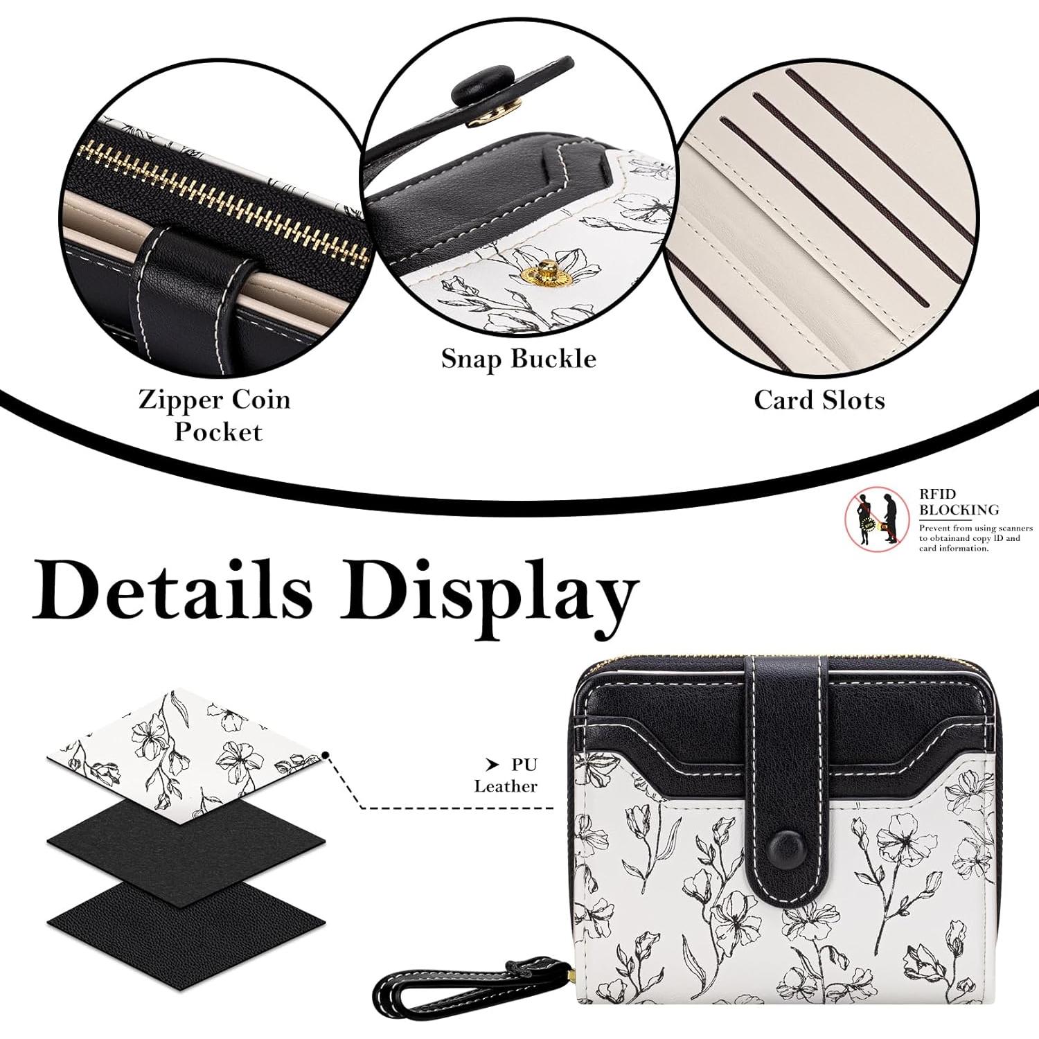 Cartera BIAOTIE para Mujeres Floral Compacta RFID Negra
