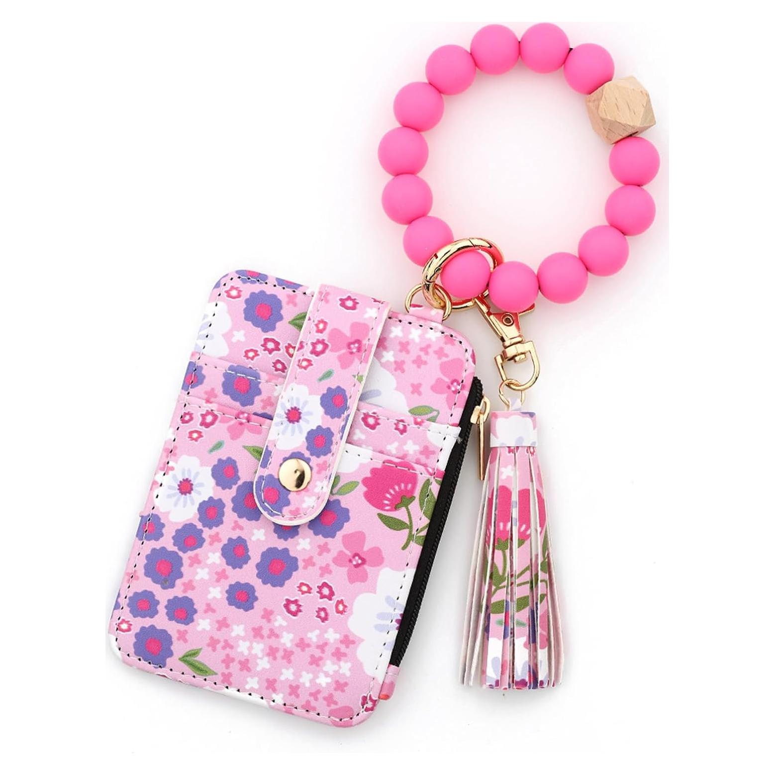 Cartera de Muñeca Floral AHQKCRF Rosa con Llavero y Tarjetero