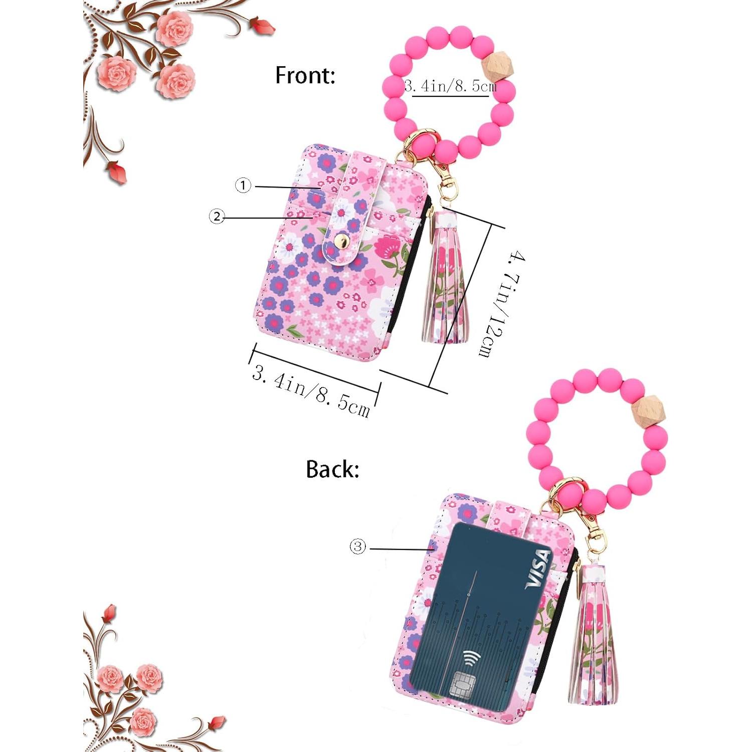 Cartera de Muñeca Floral AHQKCRF Rosa con Llavero y Tarjetero