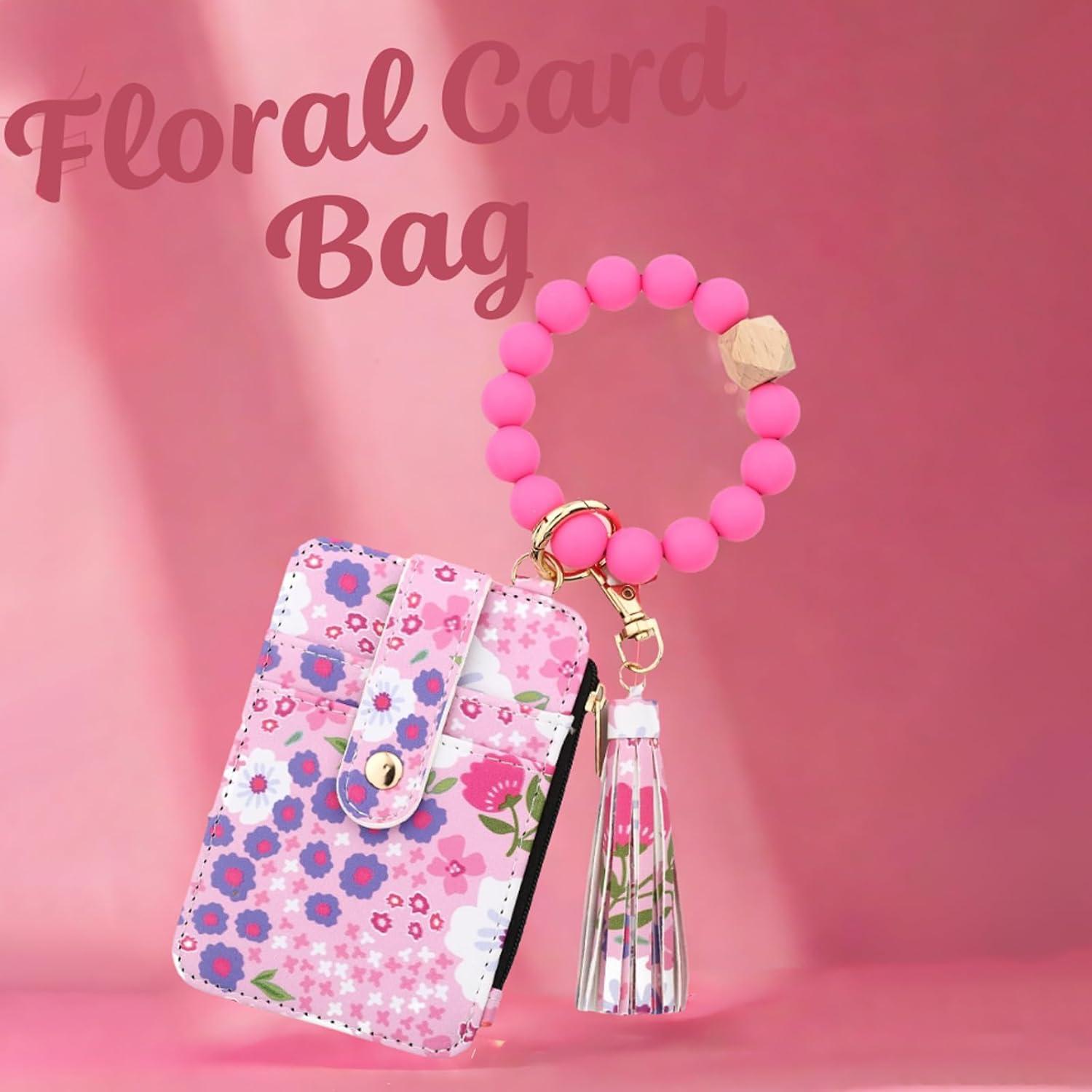 Cartera de Muñeca Floral AHQKCRF Rosa con Llavero y Tarjetero