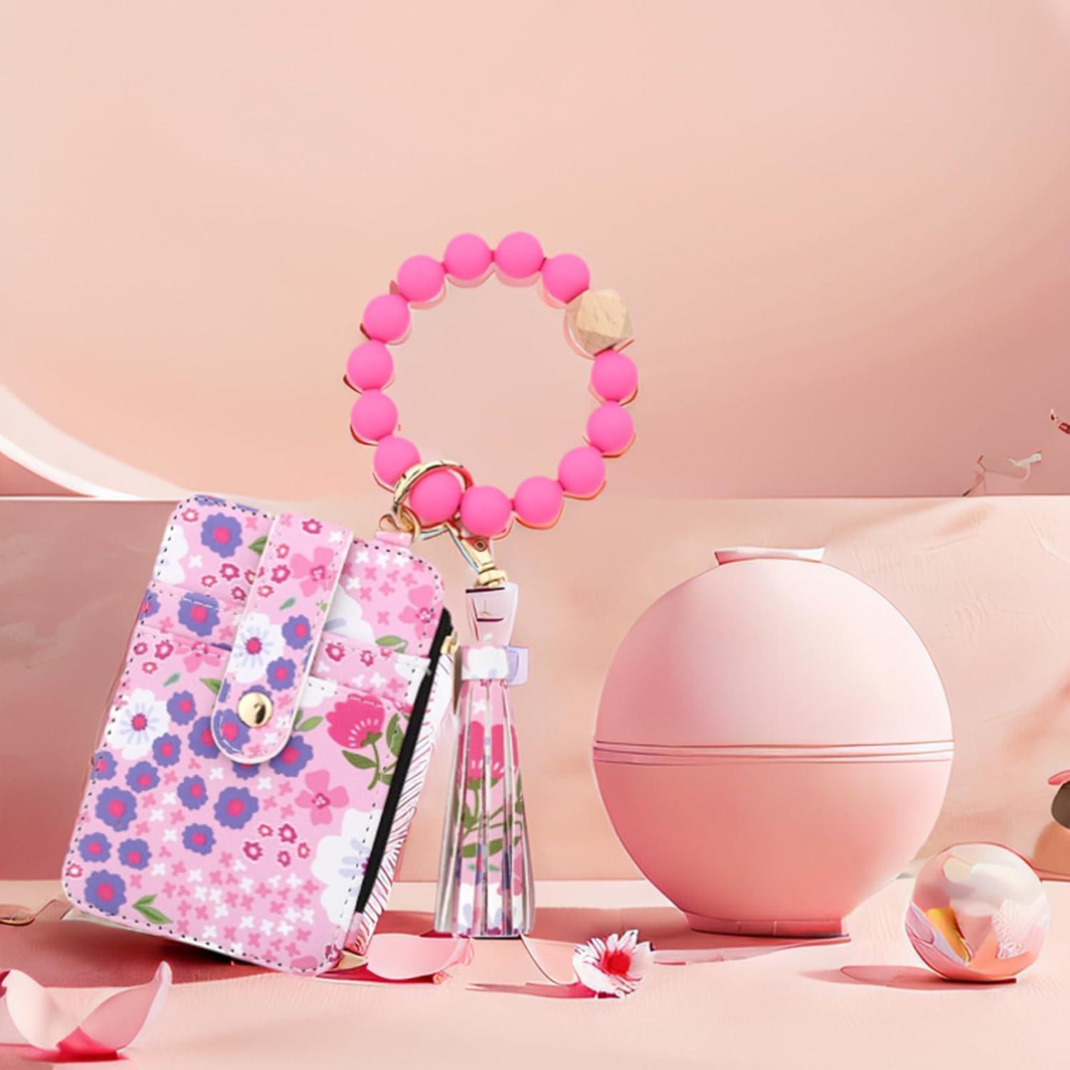 Cartera de Muñeca Floral AHQKCRF Rosa con Llavero y Tarjetero