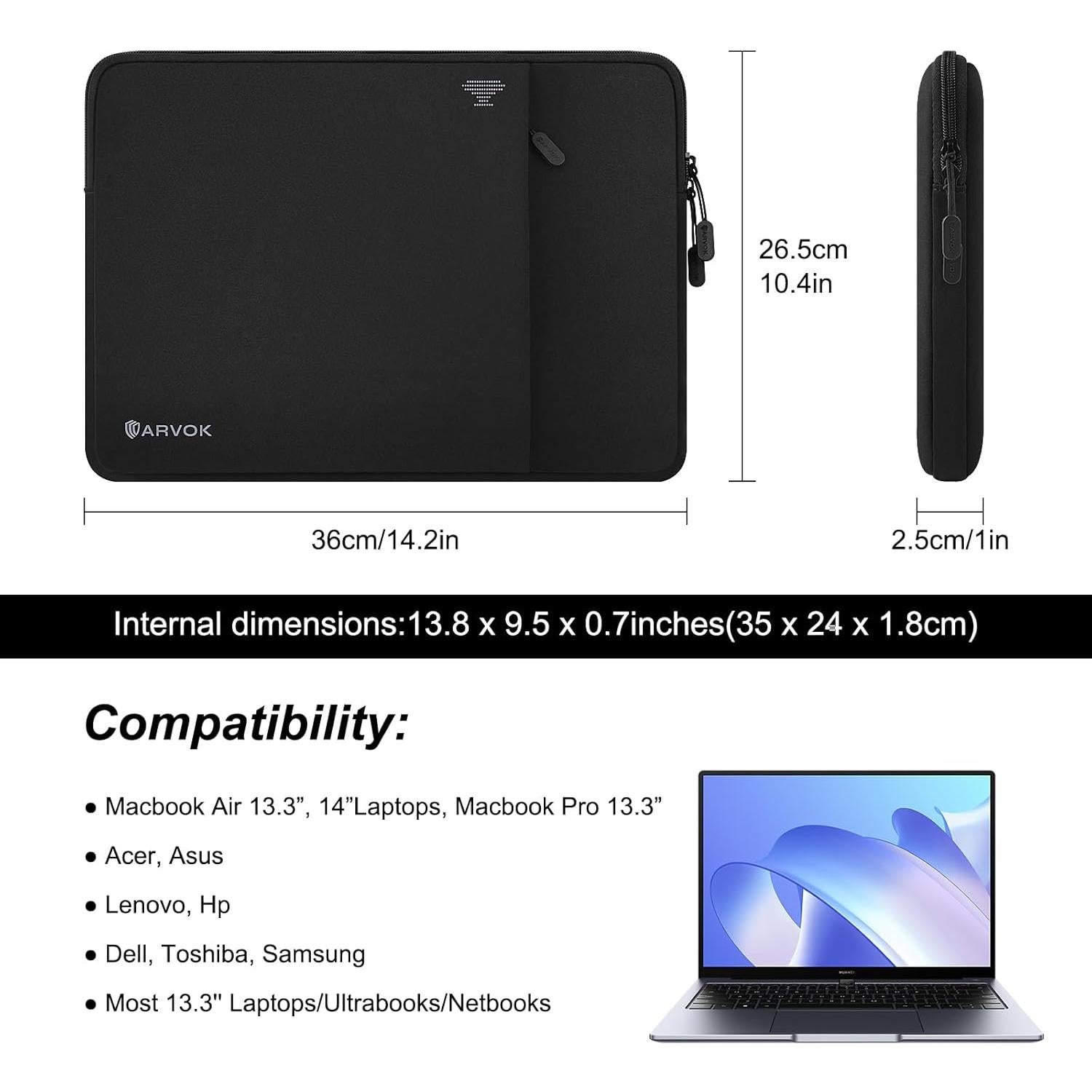 Funda para Laptop ARVOK 13.3 Pulgadas Negra con Bolsillo Frontal