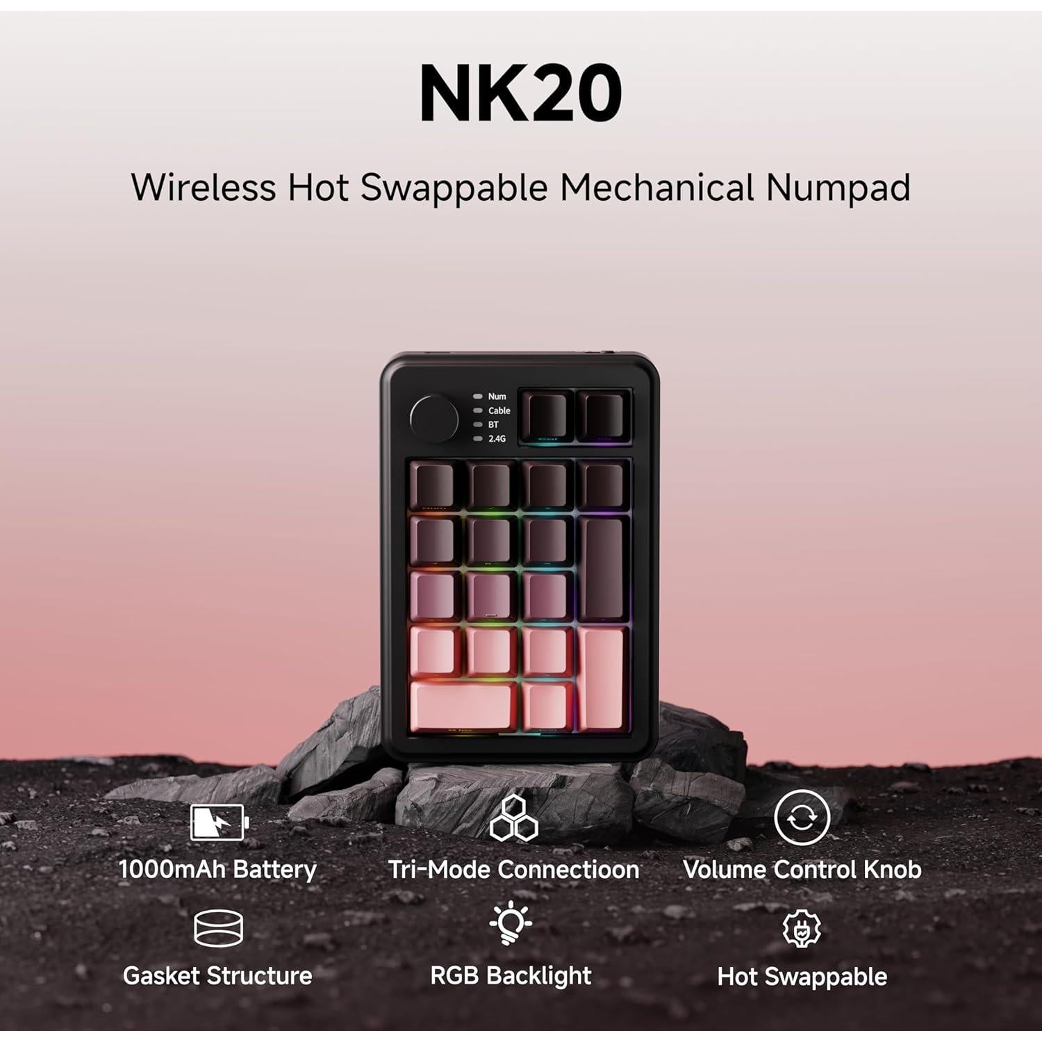 Teclado Numérico Mecánico Inalámbrico EWEADN NK20 RGB Rosa Negro