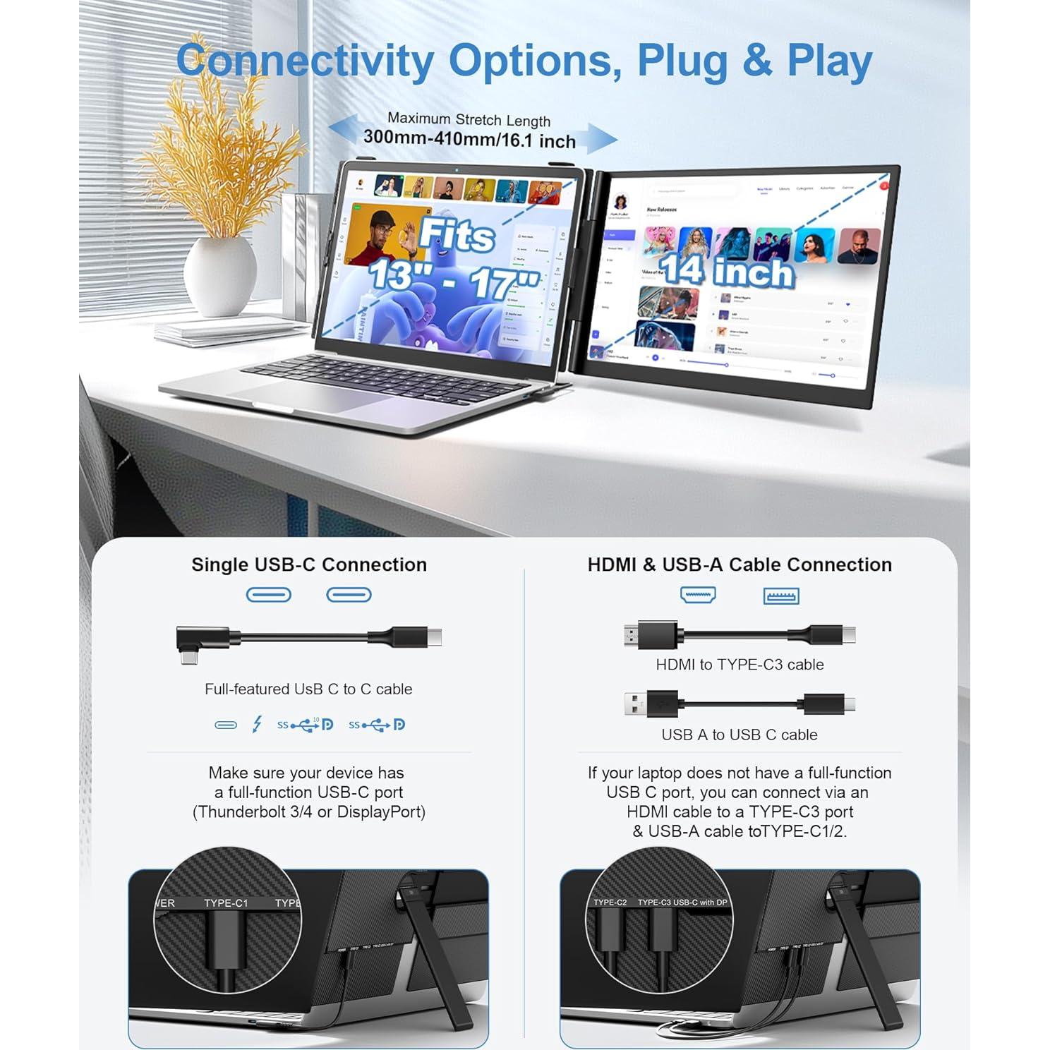 Extensor de Pantalla Doble 14" FHD 1080P Zerfis Ultra Delgado