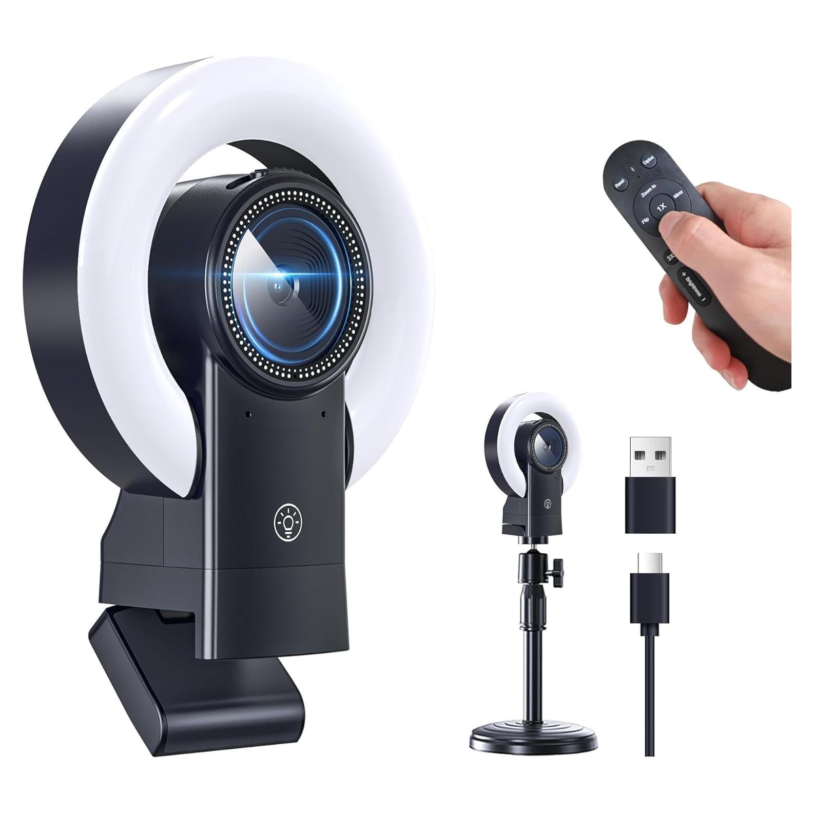 Cámara Web 4K Combess con Luz y Altavoz, Enfoque Automático