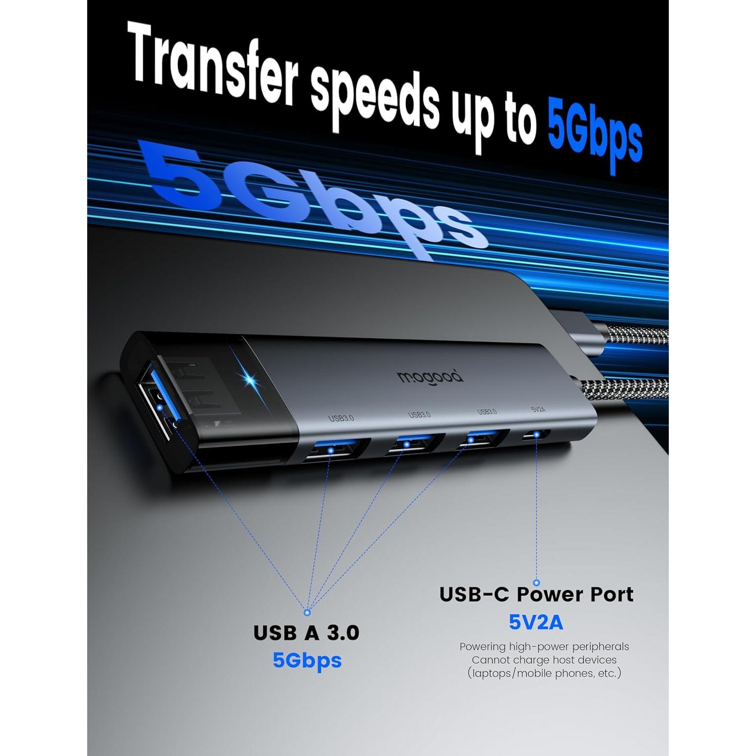 Hub USB 3.0 MOGOOD 4 Puertos con USB-C - Adaptador Negro