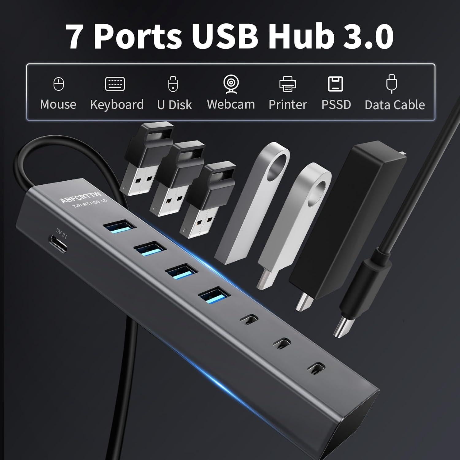 Hub USB 3.0 ABFCRTTW 7 Puertos 4 USB-A 3 USB-C 1.22m