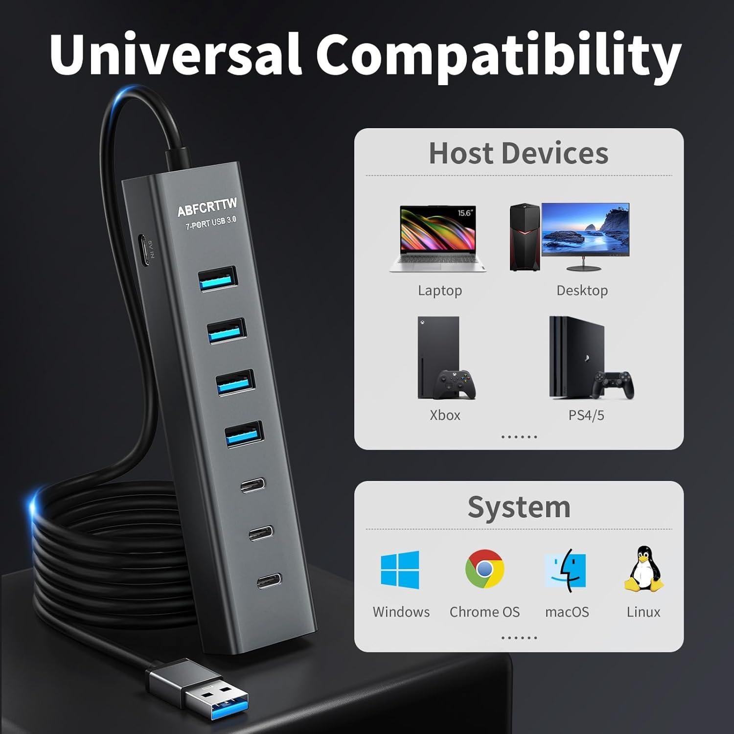 Hub USB 3.0 ABFCRTTW 7 Puertos 4 USB-A 3 USB-C 1.22m