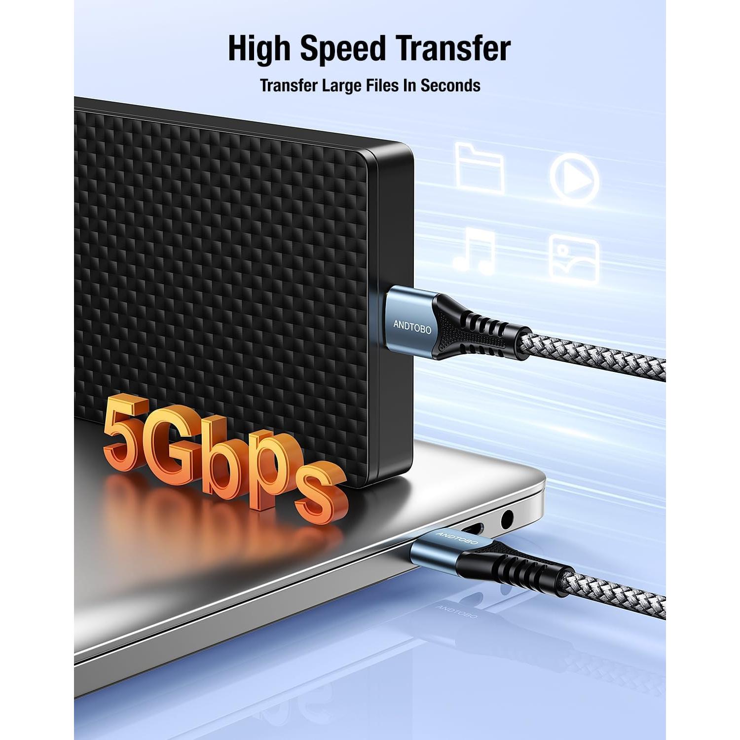 Cable USB 3.0 Macho a Macho ANDTOBO 1.0m Gris