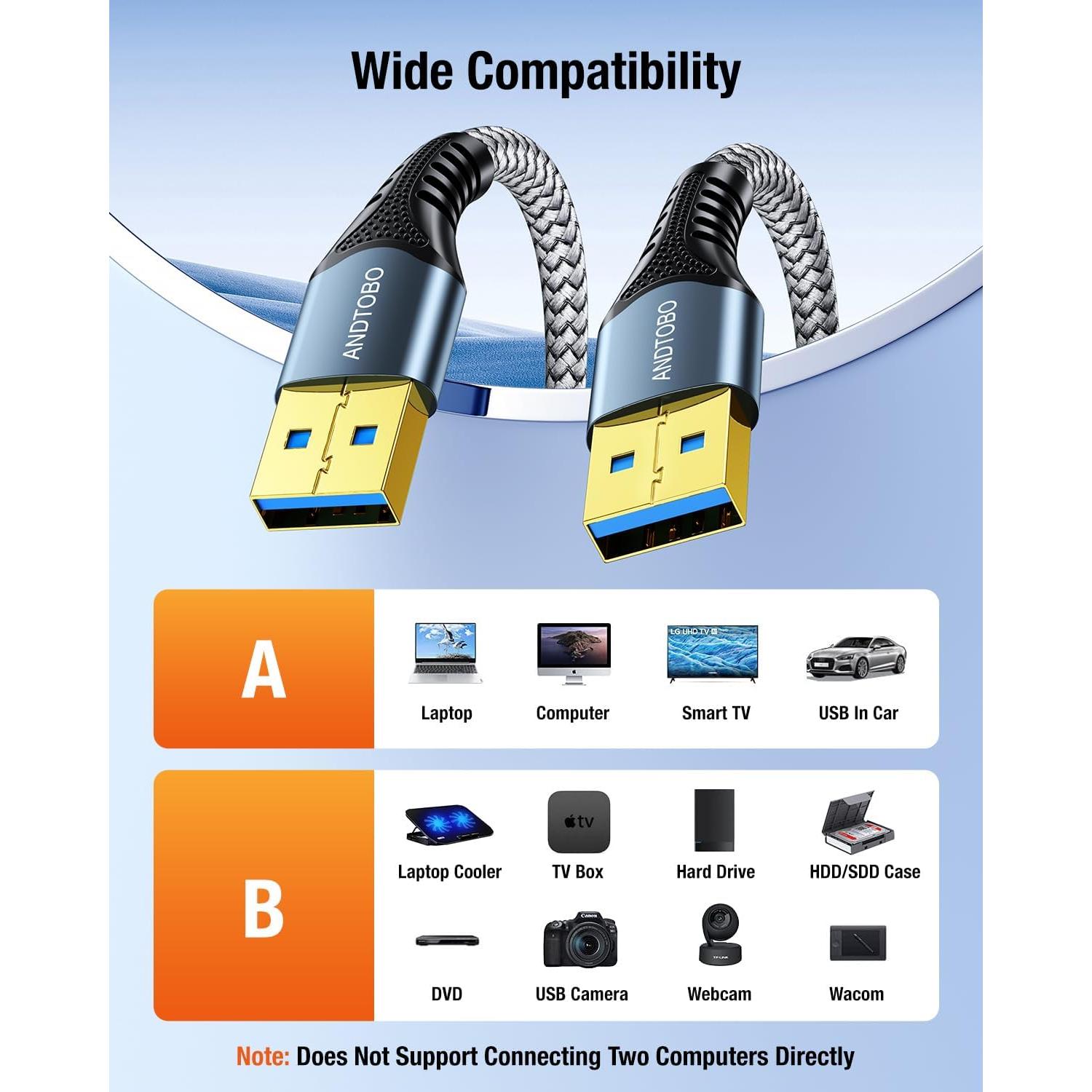 Cable USB 3.0 Macho a Macho ANDTOBO 1.0m Gris