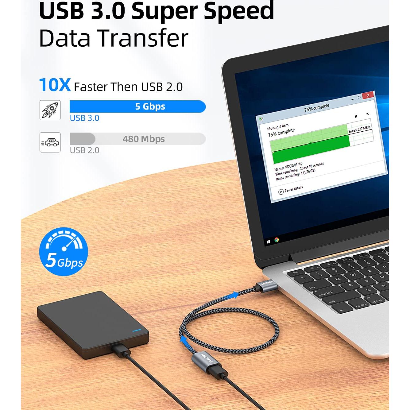 Cable de Extensión USB 3.0 SUNGUY 0.3m Alta Velocidad 5Gbps