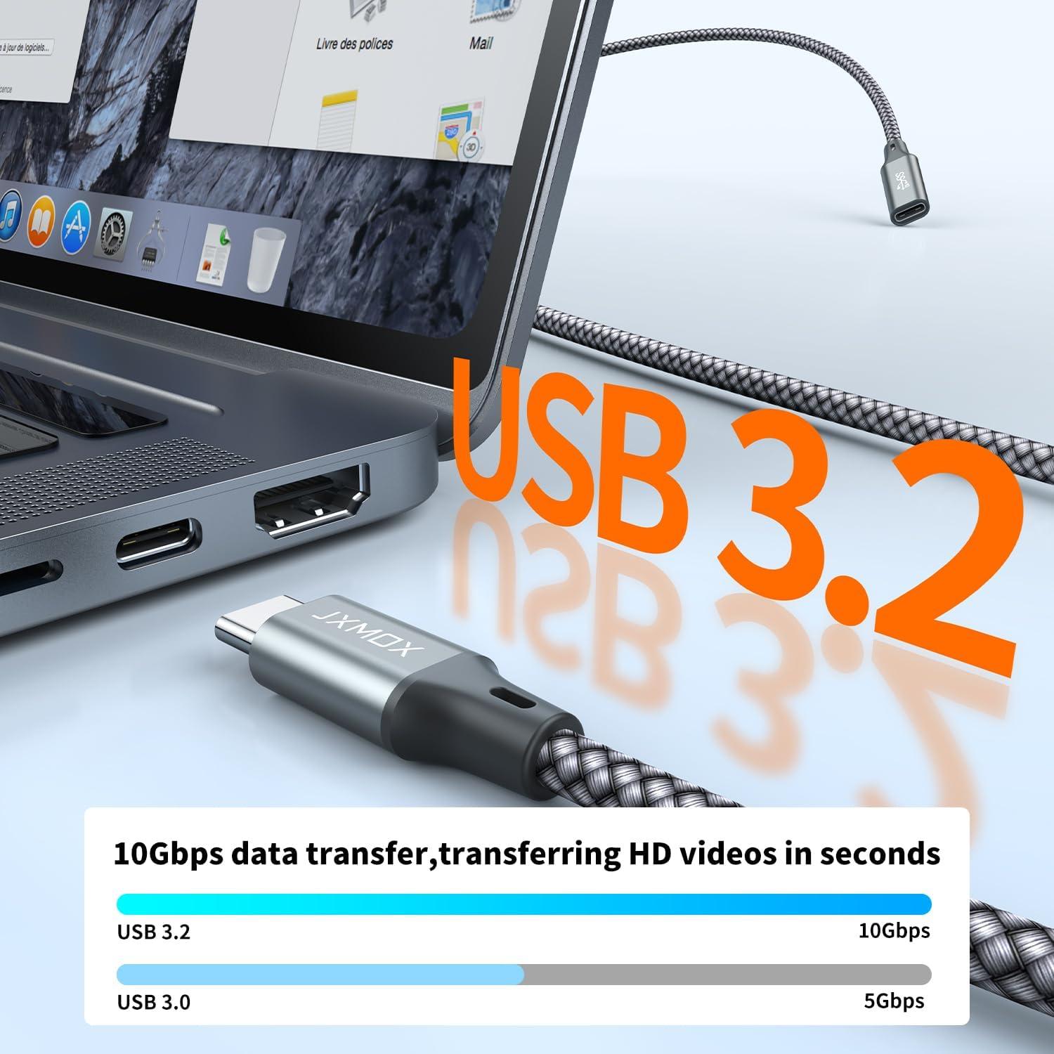 Cable Extensión USB C JXMOX 1m 10Gbps 100W Carga Rápida