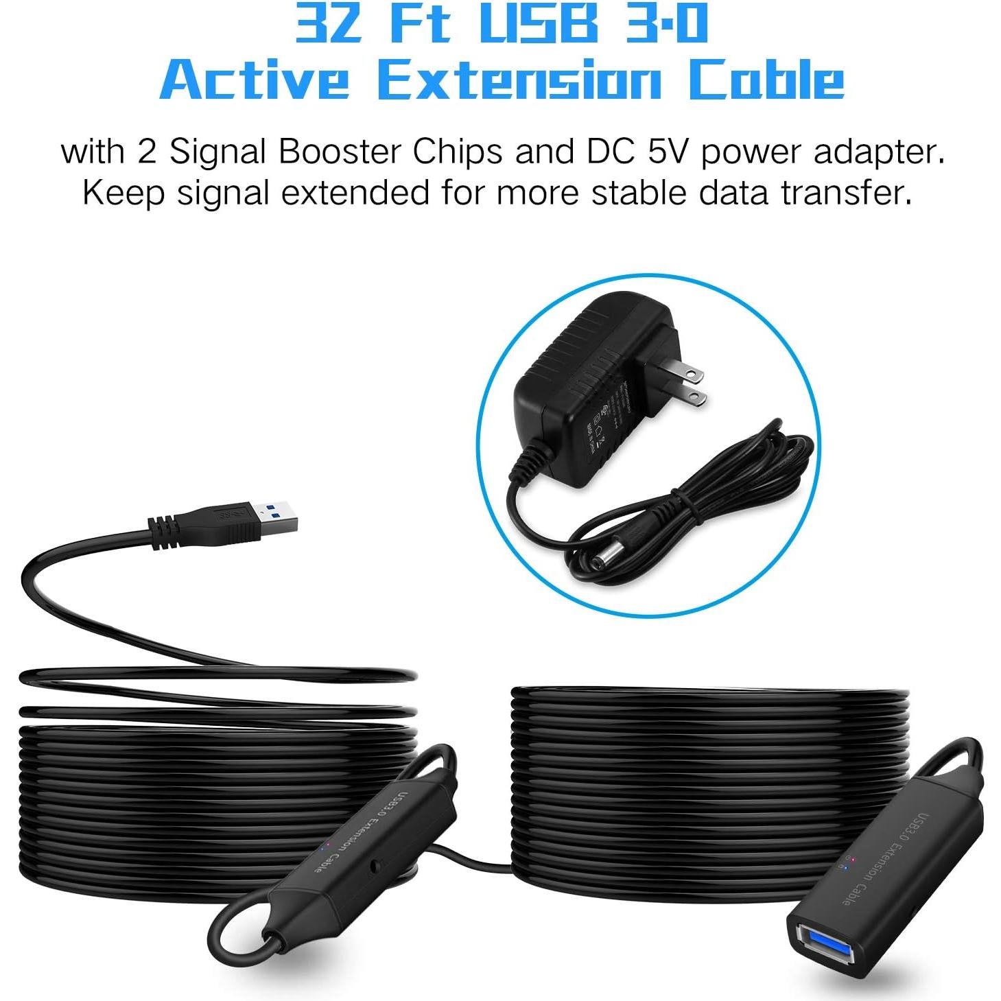Cable Extensión Activo USB 3.0 RSHTECH 9.75m con Adaptador 5V