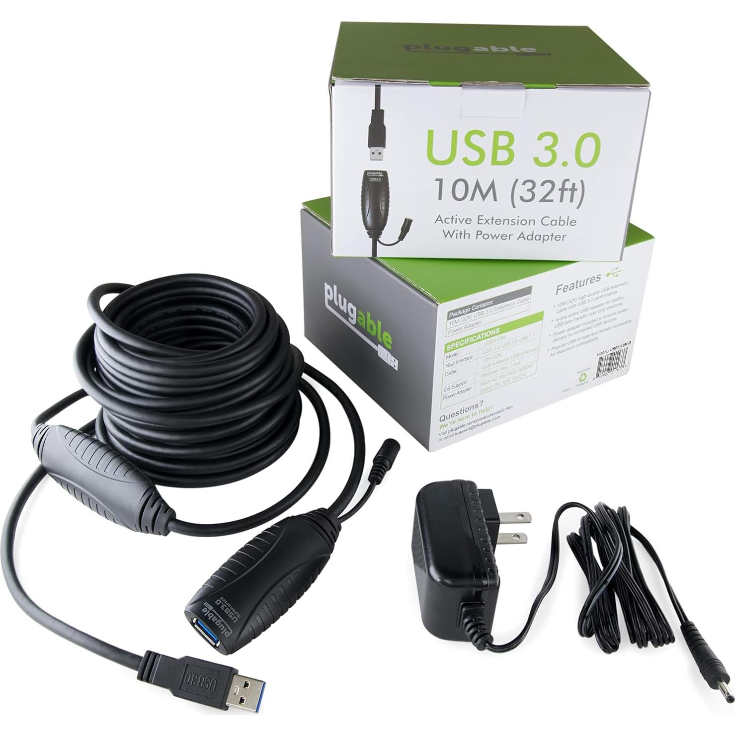 Cable de Extensión USB 3.0 Plugable 10m con Adaptador AC