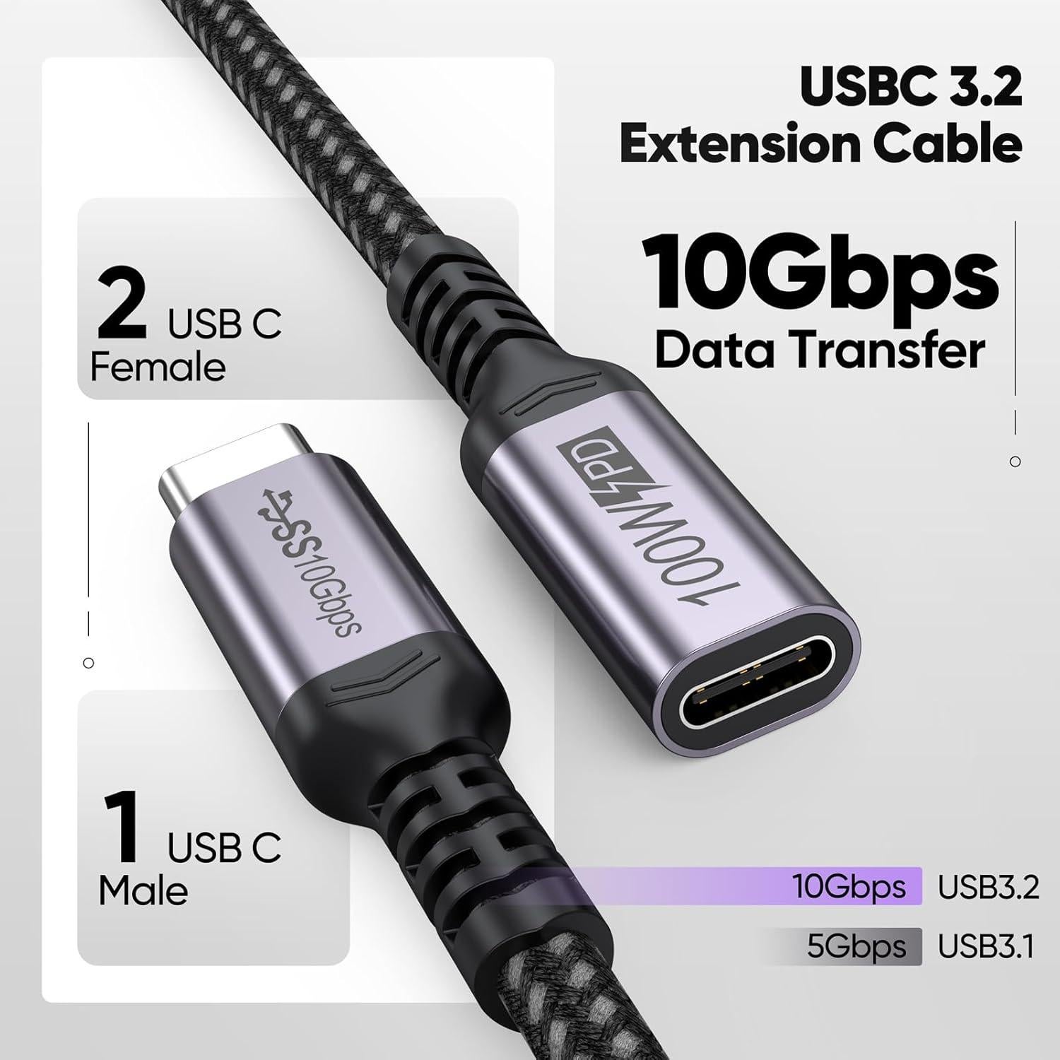 Cable de Extensión USB C 1.83m DteeDck 10Gbps 100W Carga