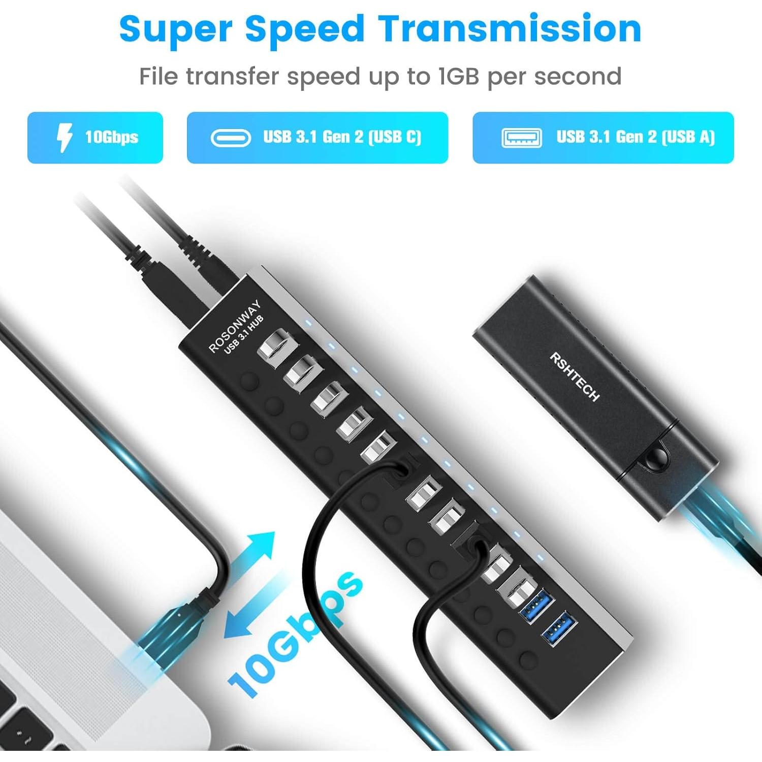 Hub USB Alimentado Rosonway RSH-A13 de 13 Puertos 10Gbps