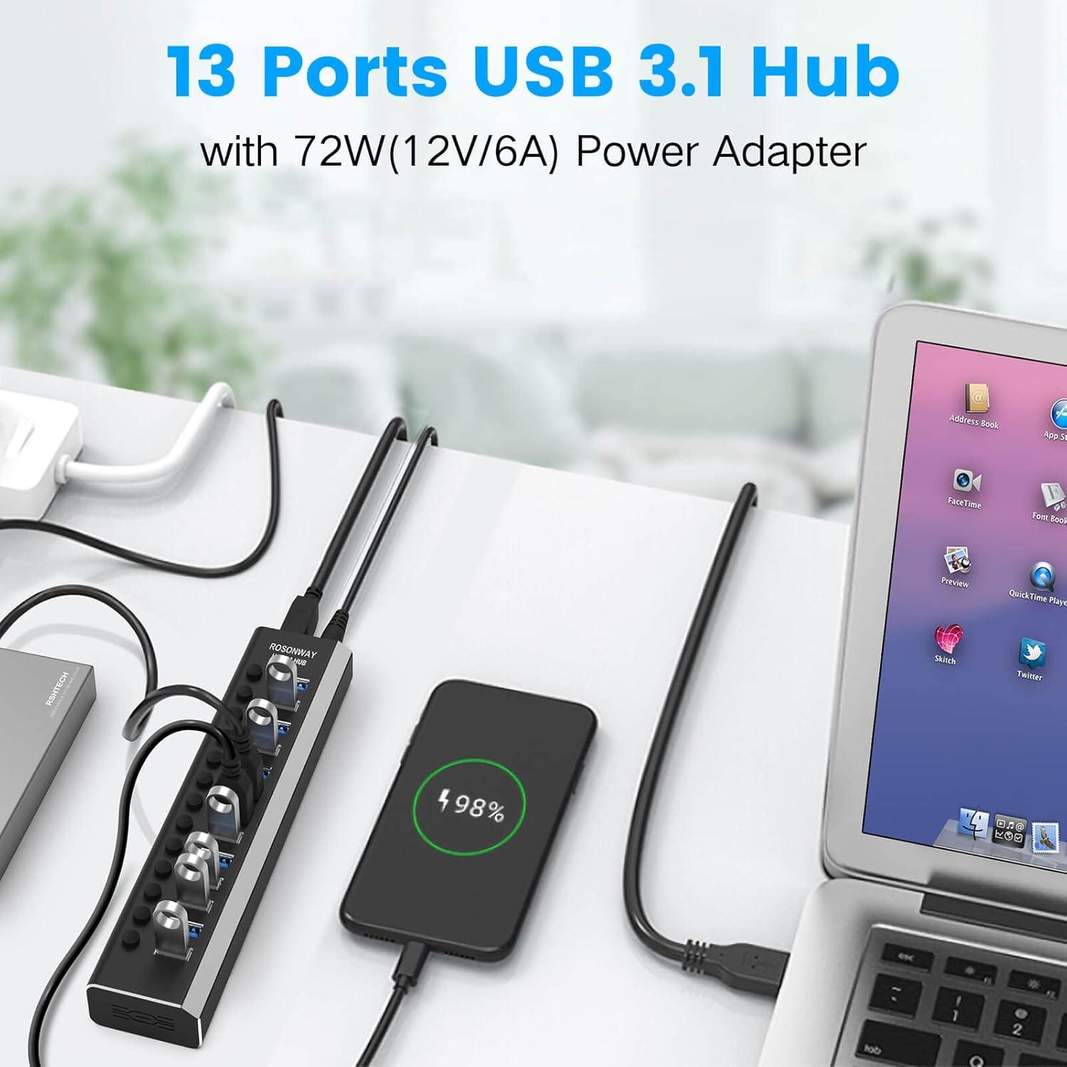Hub USB Alimentado Rosonway RSH-A13 de 13 Puertos 10Gbps
