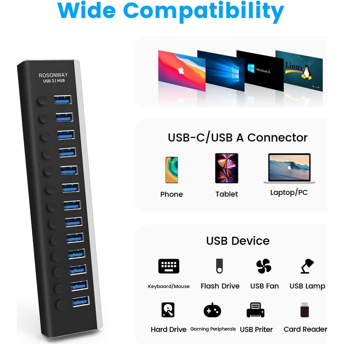 Hub USB Alimentado Rosonway RSH-A13 de 13 Puertos 10Gbps