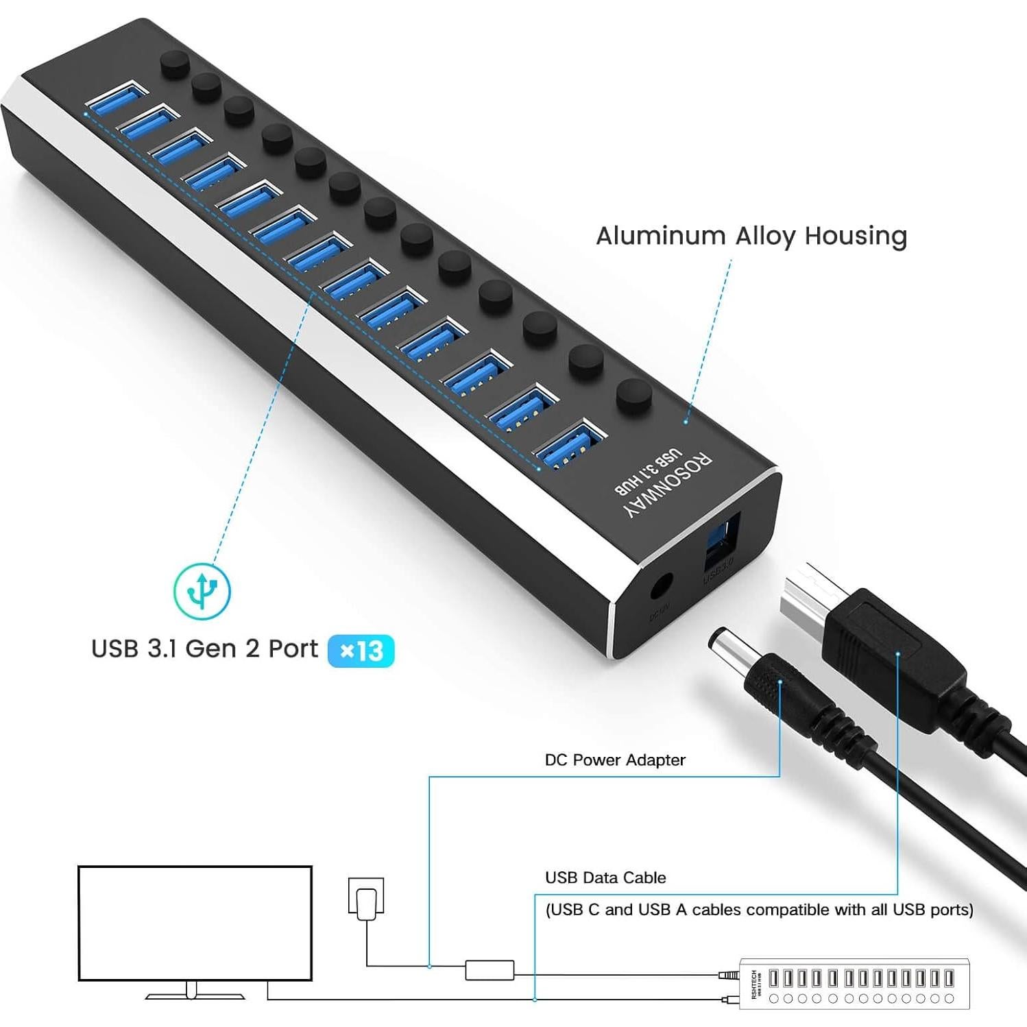 Hub USB Alimentado Rosonway RSH-A13 de 13 Puertos 10Gbps