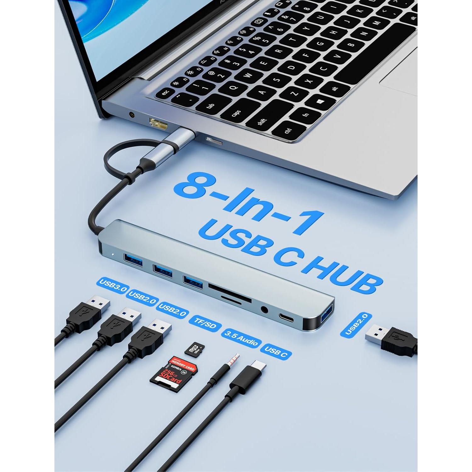Adaptador Multiport USB C WIRWTRU 8 en 1 Aluminio Plata