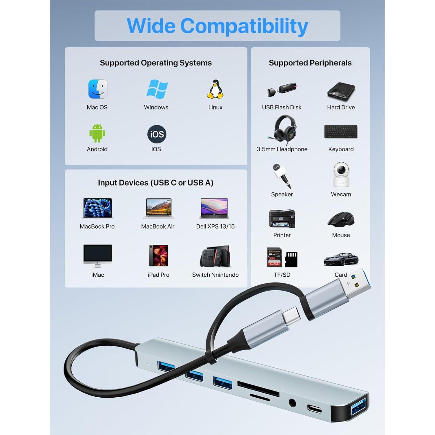 Adaptador Multiport USB C WIRWTRU 8 en 1 Aluminio Plata