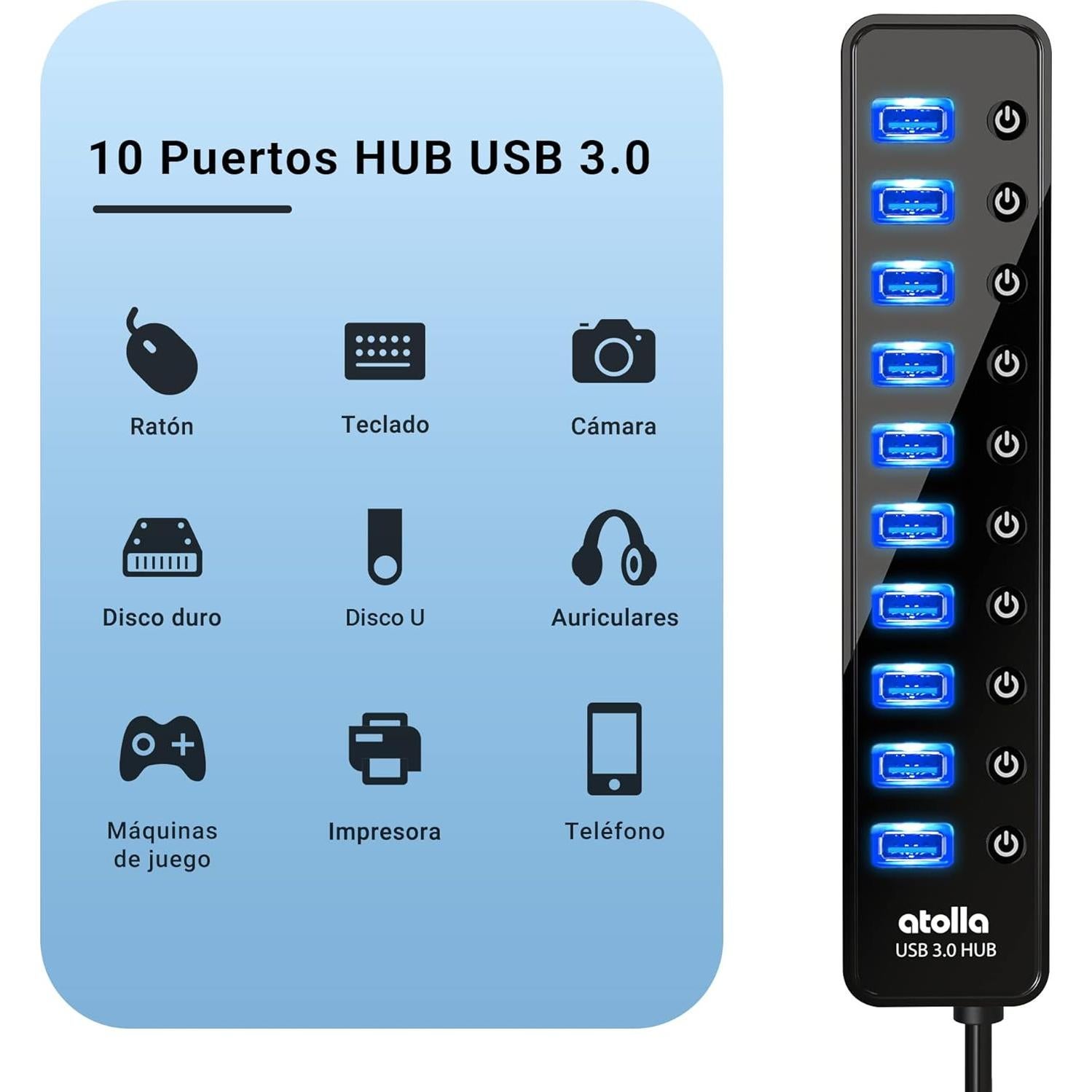 Hub USB 3.0 Alimentado atolla CH-310U3 10 Puertos con Interruptores