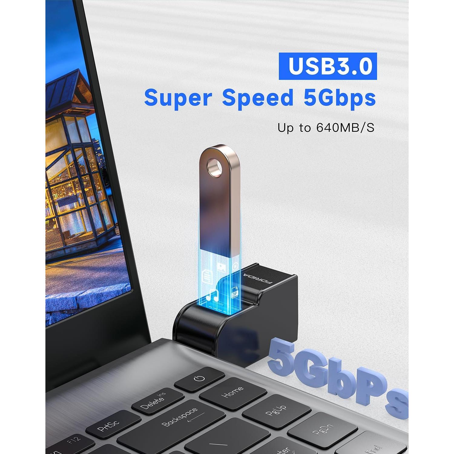 Adaptador USB 3.0 FORIDA Hub 3 Puertos Negro - Divisor Portátil