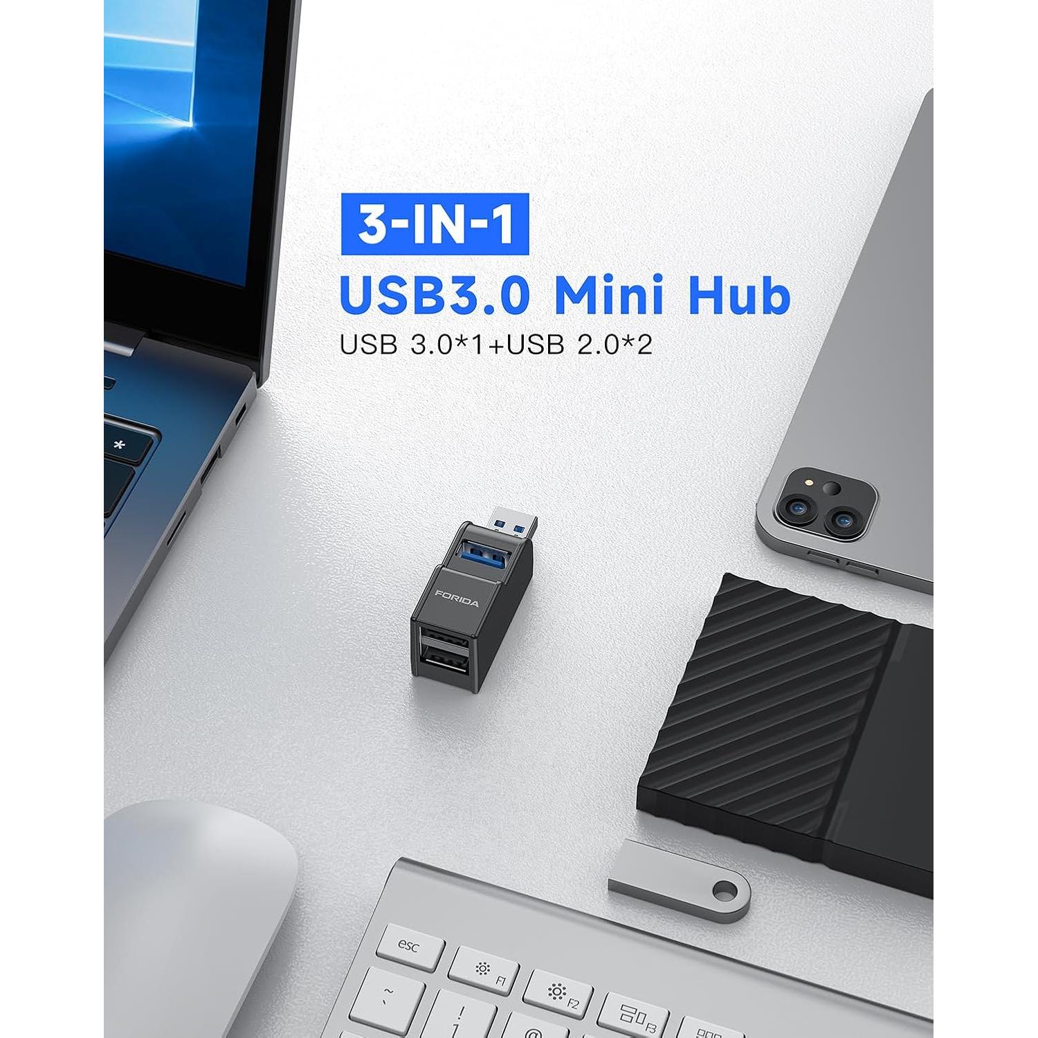 Adaptador USB 3.0 FORIDA Hub 3 Puertos Negro - Divisor Portátil