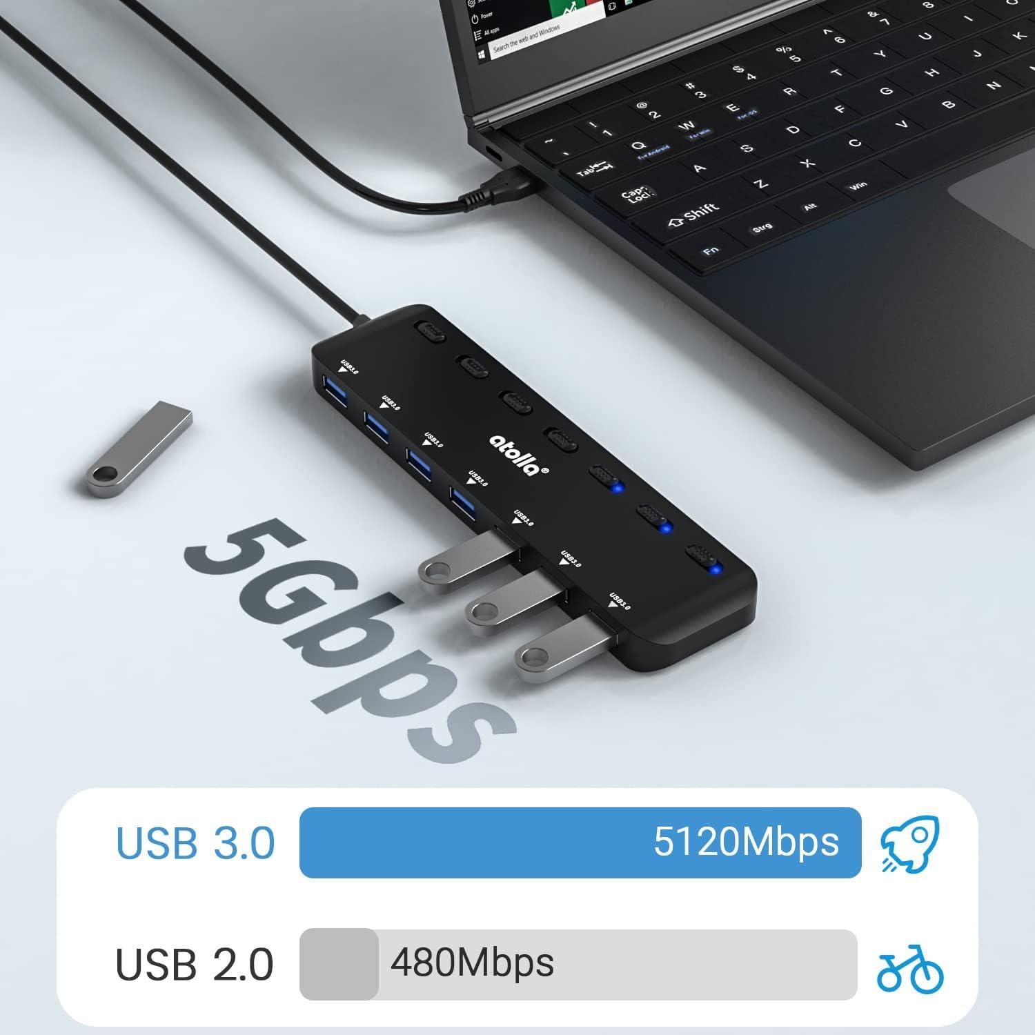 Hub USB 3.0 Atolla 7 Puertos con Interruptores y LED