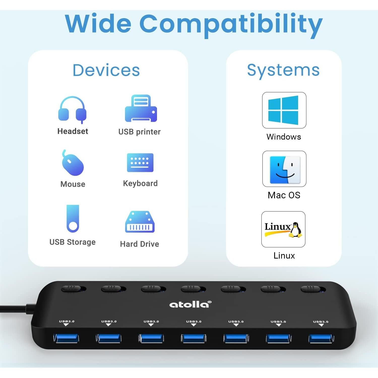 Hub USB 3.0 Atolla 7 Puertos con Interruptores y LED