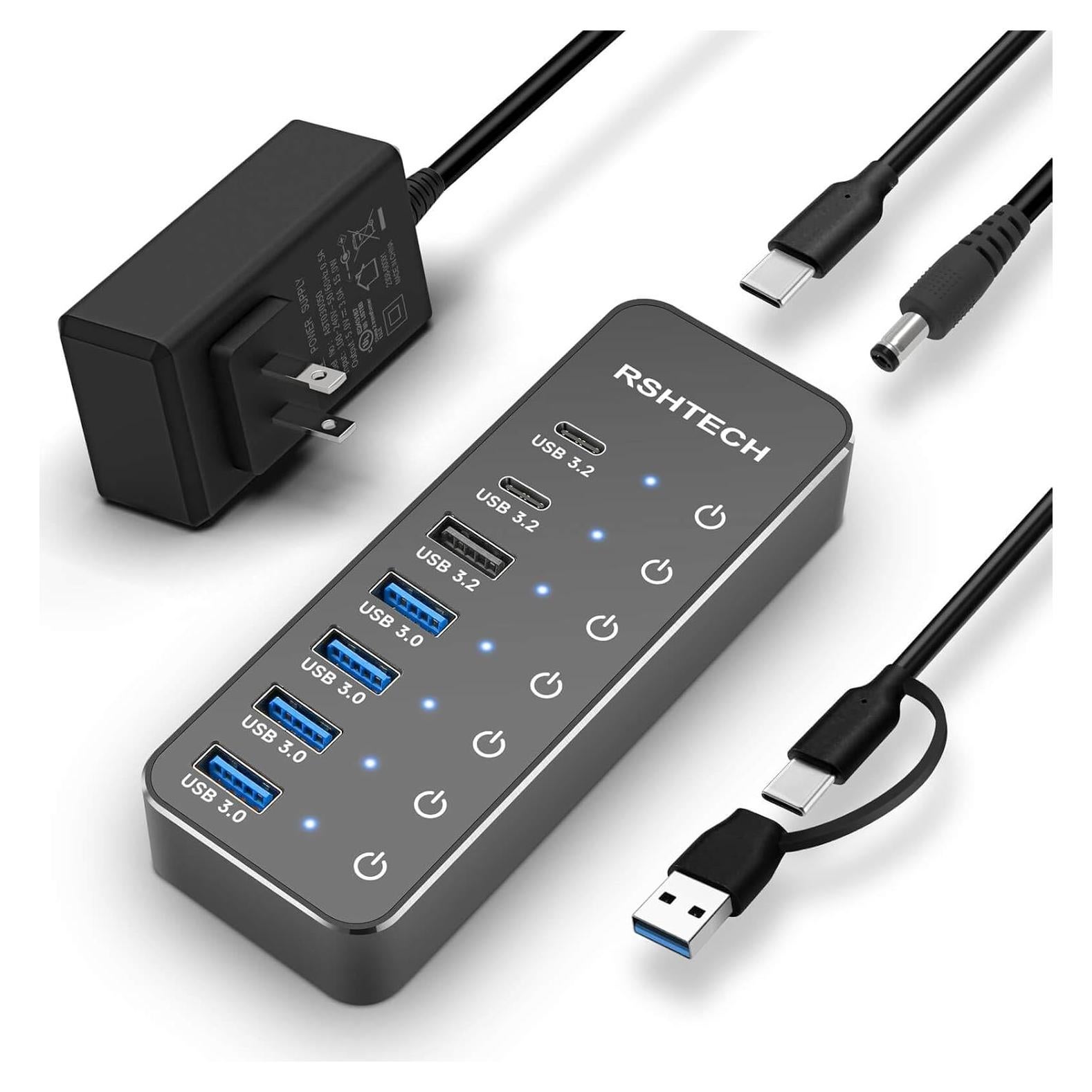 Hub USB 3.2 Alimentado RSHTECH 7 Puertos 10Gbps con Interruptores