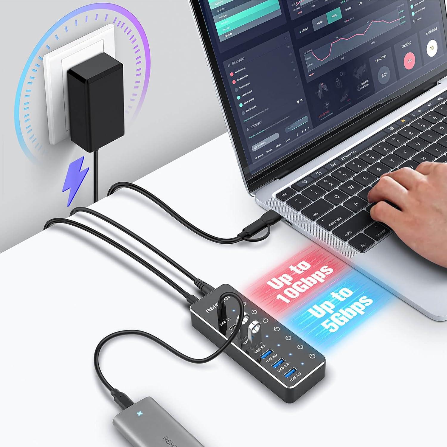 Hub USB 3.2 Alimentado RSHTECH 7 Puertos 10Gbps con Interruptores