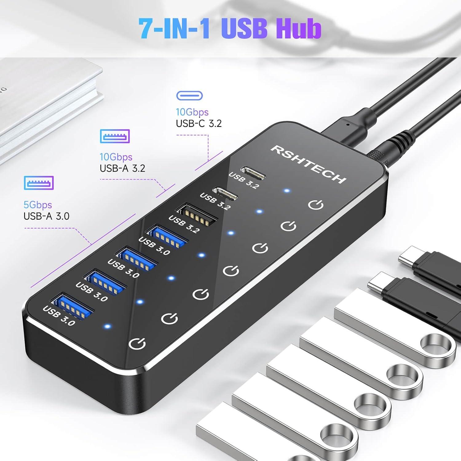 Hub USB 3.2 Alimentado RSHTECH 7 Puertos 10Gbps con Interruptores