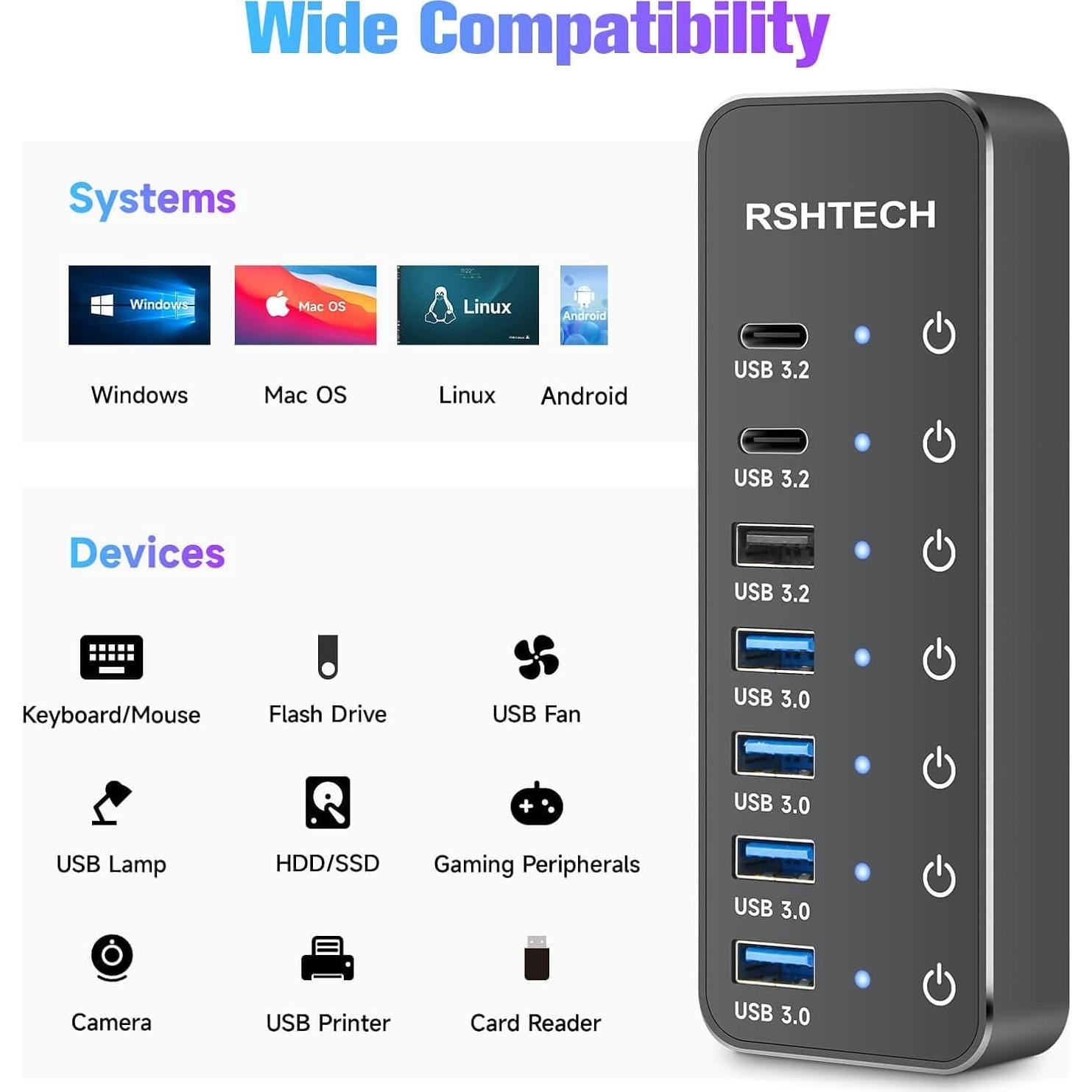 Hub USB 3.2 Alimentado RSHTECH 7 Puertos 10Gbps con Interruptores