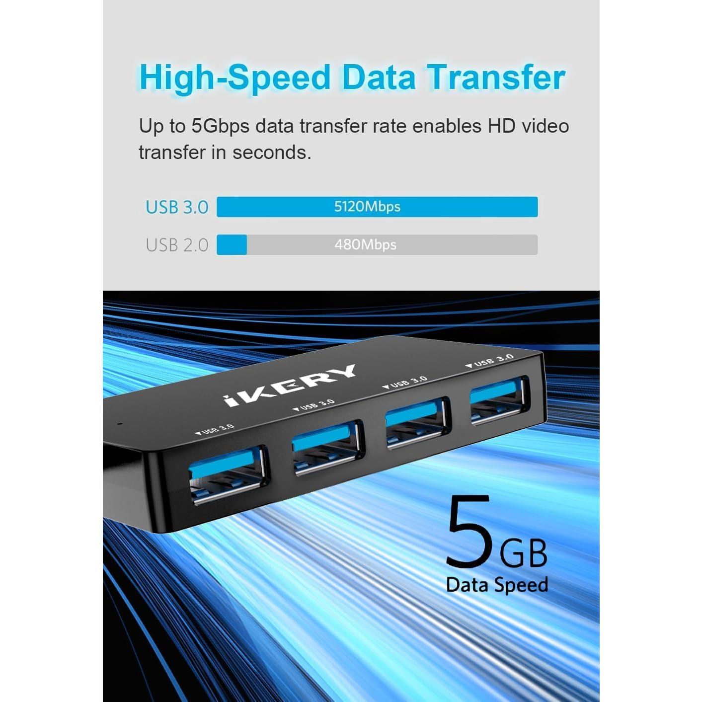 Hub USB 3.0 4 Puertos IKERY - Alta Velocidad 5Gbps, Negro 30.48 cm