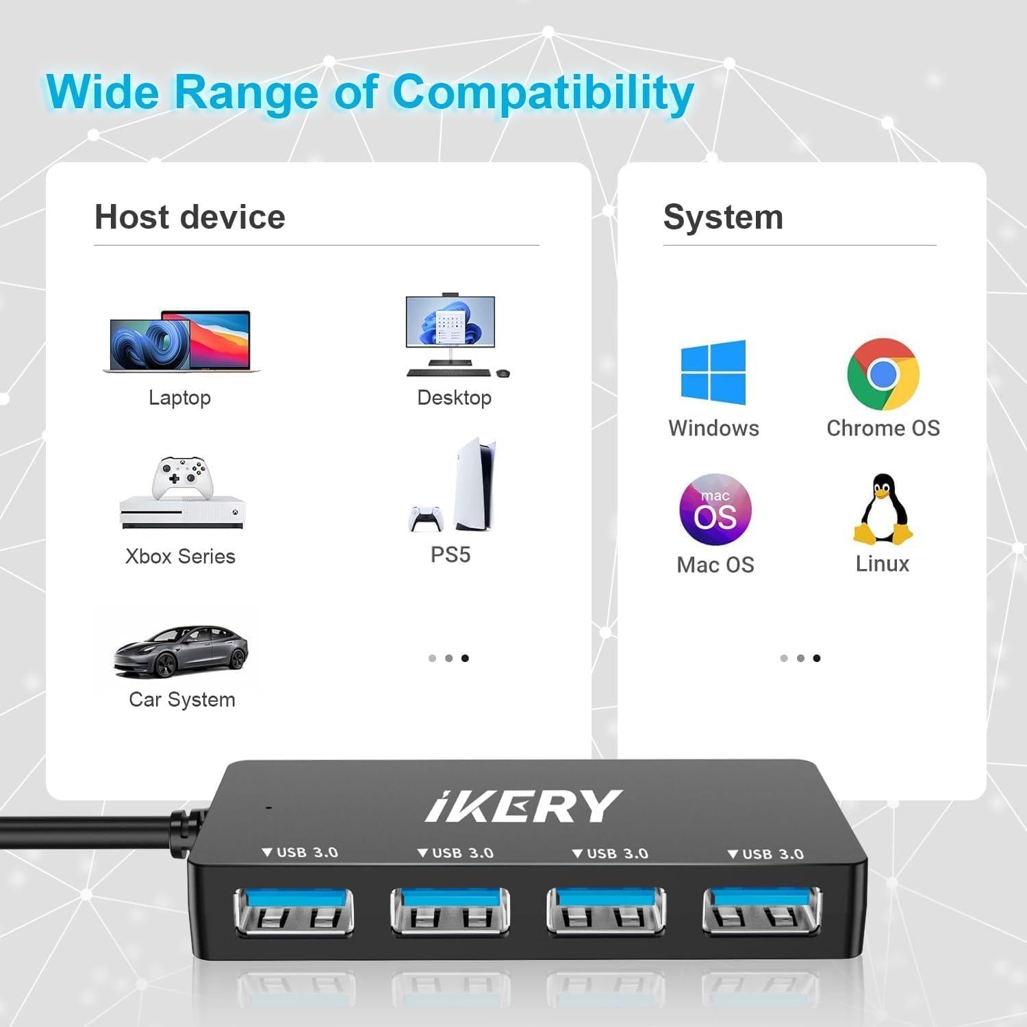 Hub USB 3.0 4 Puertos IKERY - Alta Velocidad 5Gbps, Negro 30.48 cm