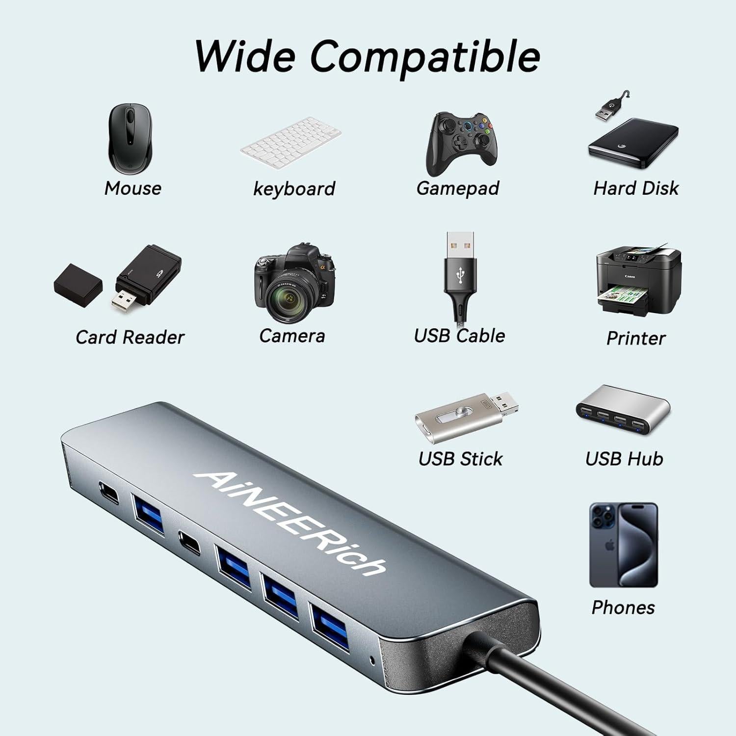 Hub USB-C 7 en 1 AiNEERich, Adaptador Multiport para Laptop y iPhone