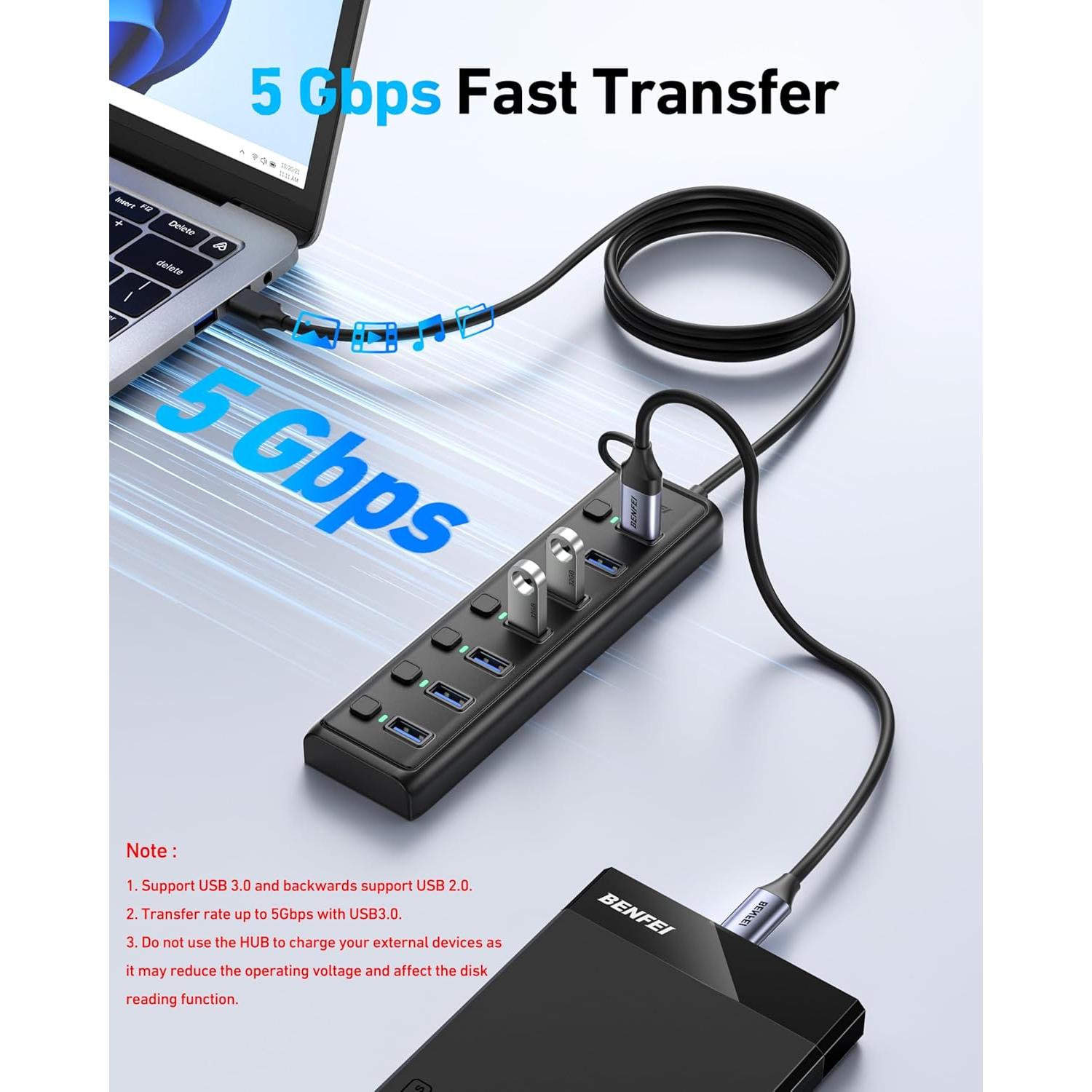 Hub USB 3.0 BENFEI de 7 Puertos Ultra Delgado 1m