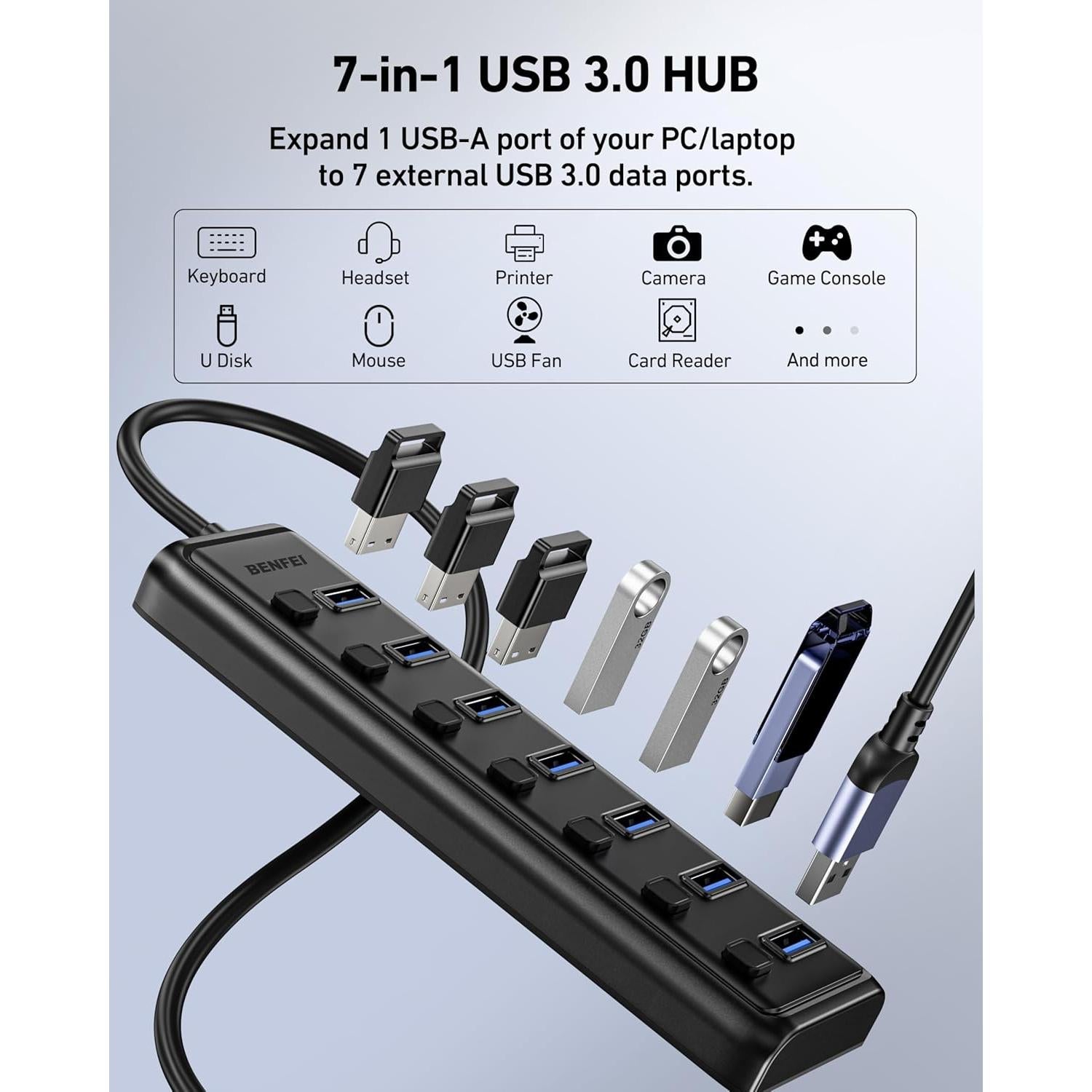 Hub USB 3.0 BENFEI de 7 Puertos Ultra Delgado 1m
