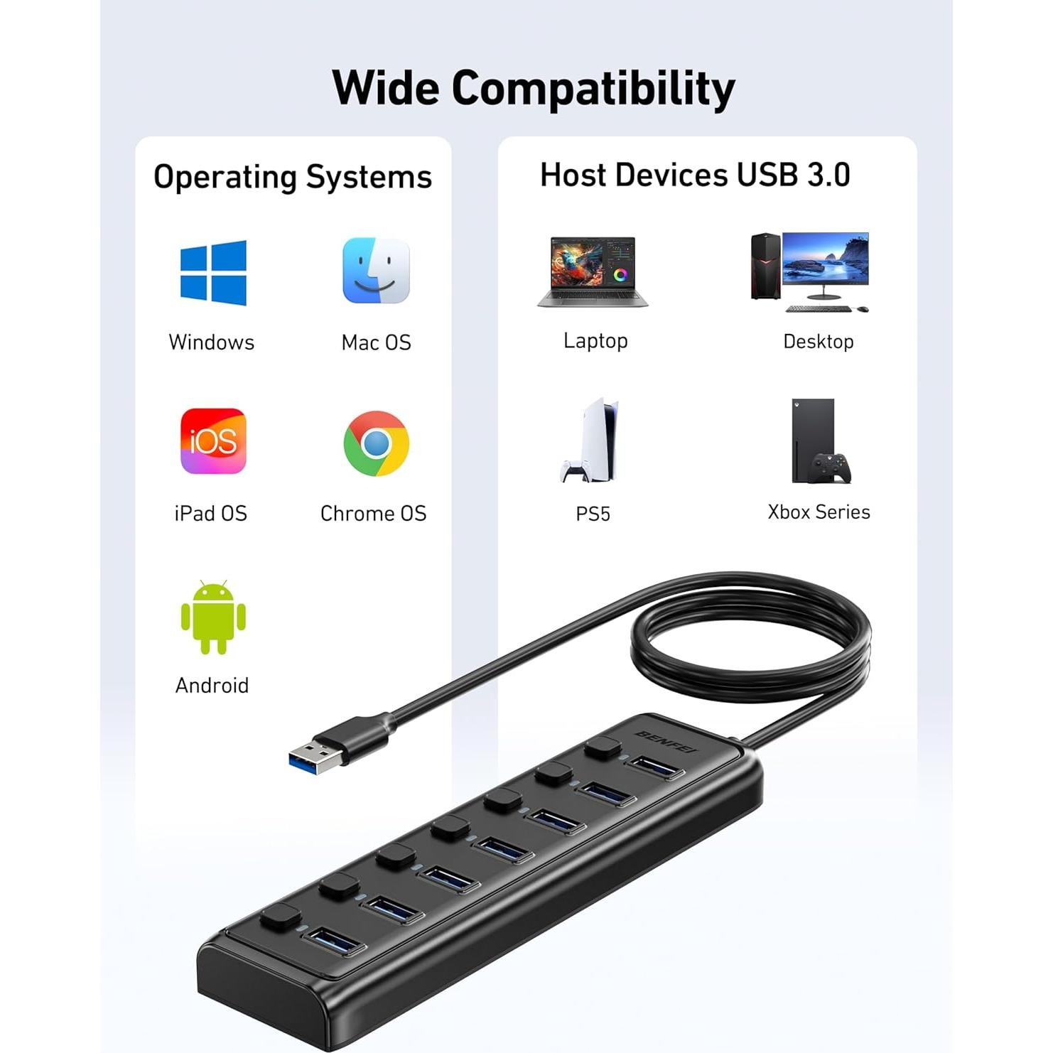 Hub USB 3.0 BENFEI de 7 Puertos Ultra Delgado 1m